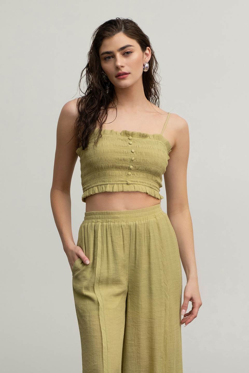 SMOCKED BUTTON DOWN SLEEVELESS CROP TOP
