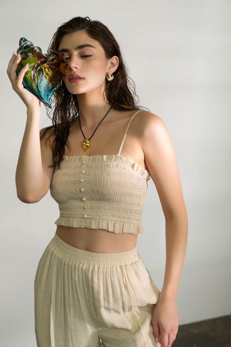 SMOCKED BUTTON DOWN SLEEVELESS CROP TOP