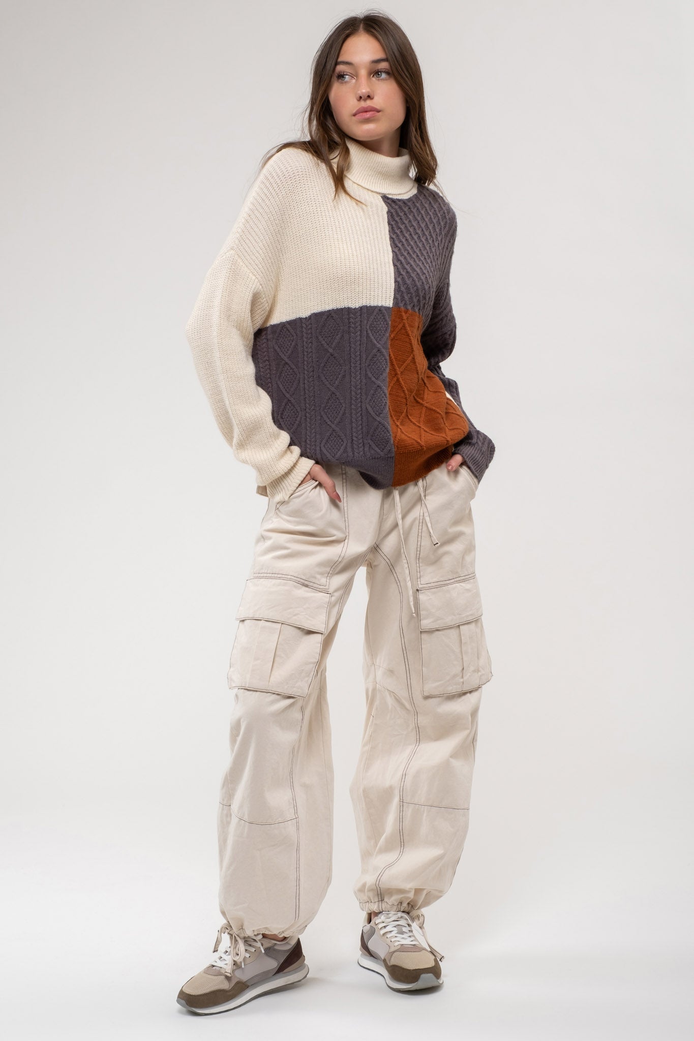 COLORBLOCK CABLE KNIT SWEATER