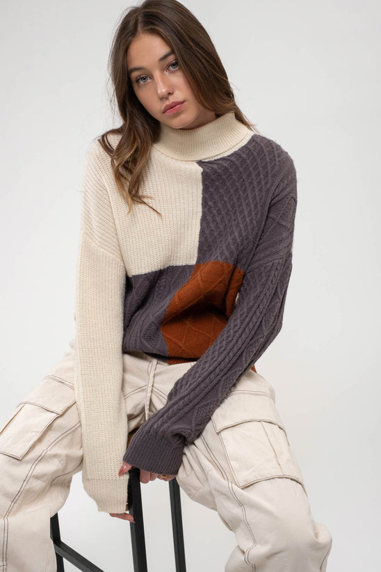 COLORBLOCK CABLE KNIT SWEATER