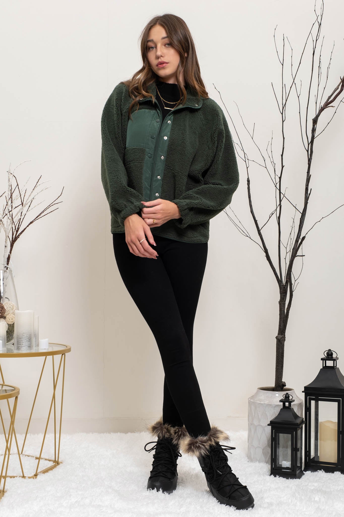 SOLID SNAP BUTTON FLEECE JACKET