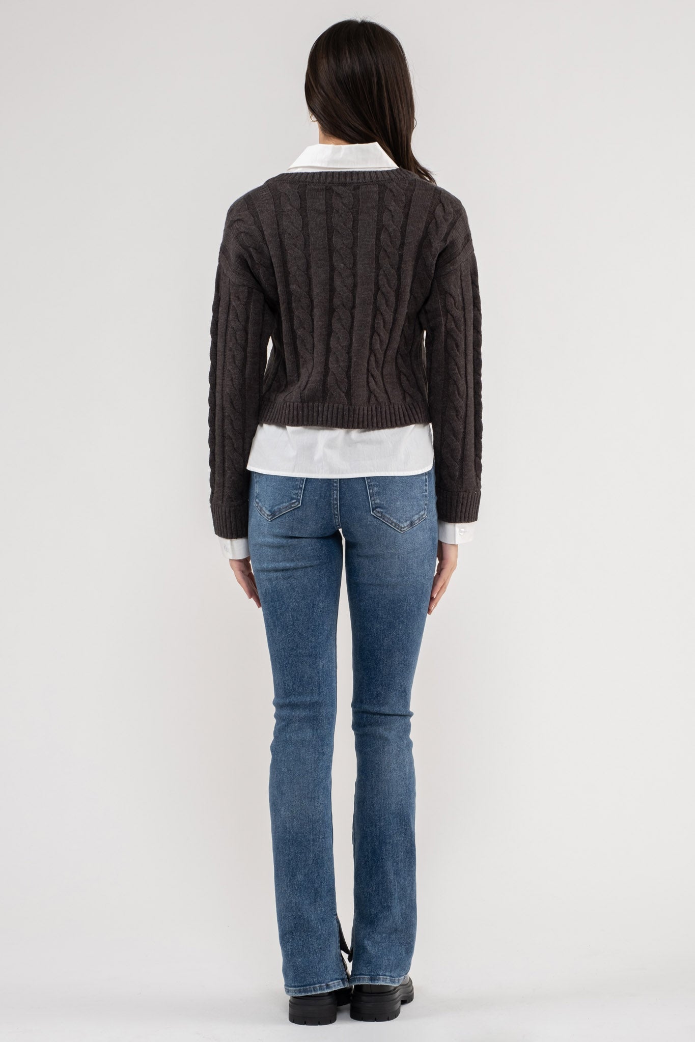 LAYERED VNECK CABLEKNIT SWEATER
