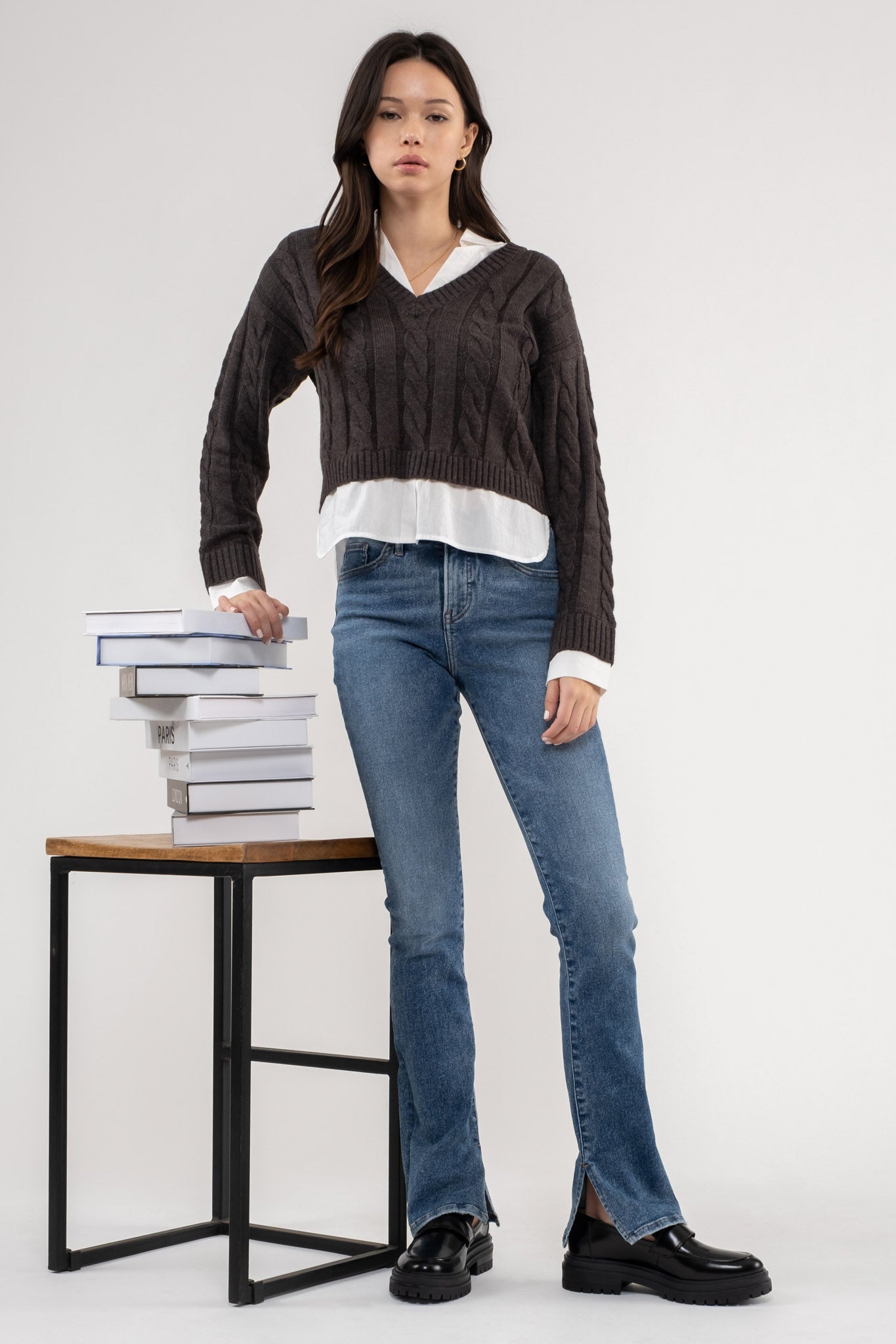 LAYERED VNECK CABLEKNIT SWEATER