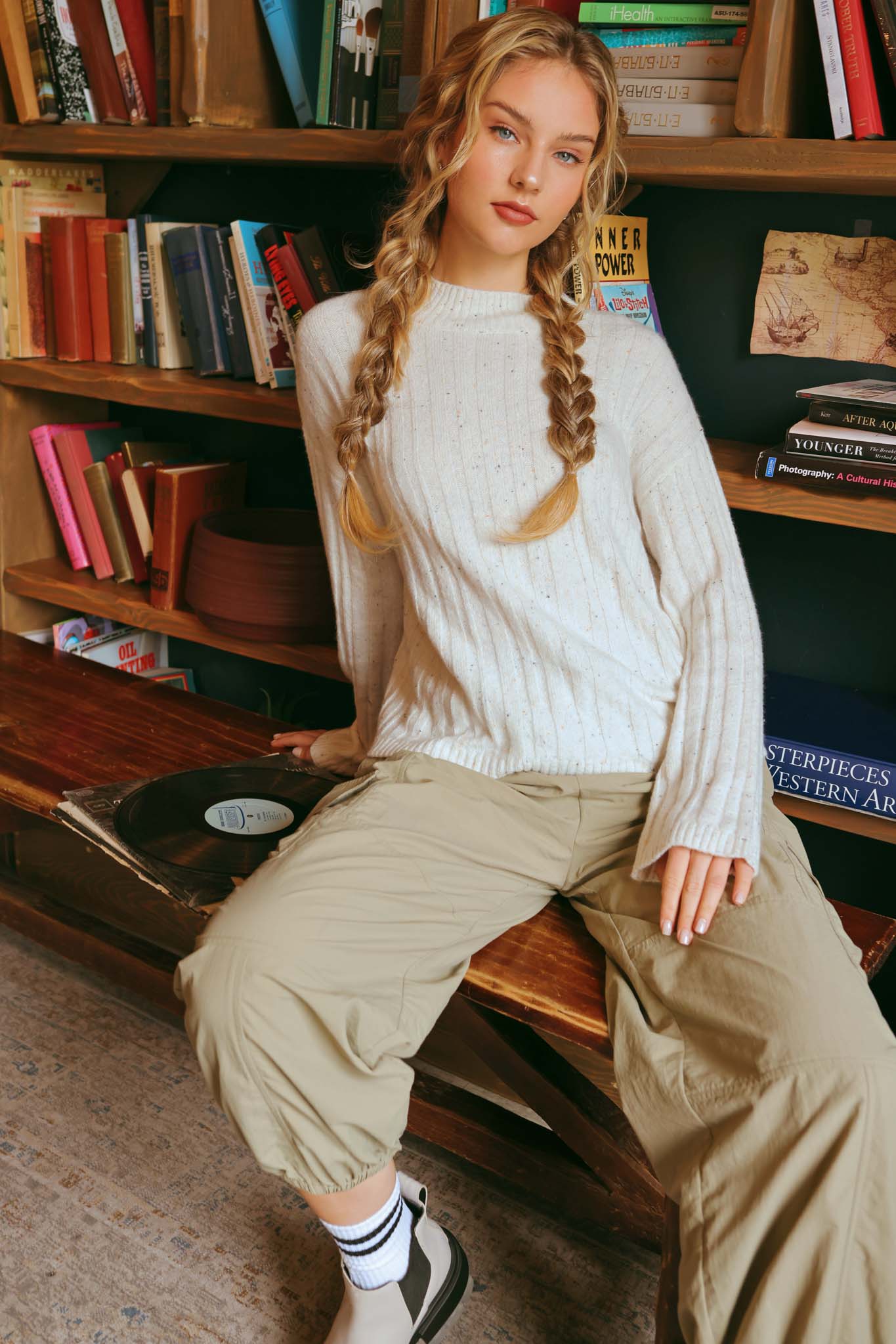 MOCK NECK STRIPED KNIT SWEATER