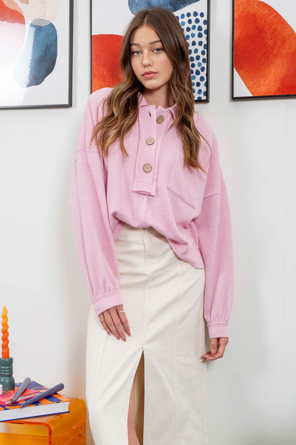 COLLARED RAW EDGE KNIT TOP main image 1