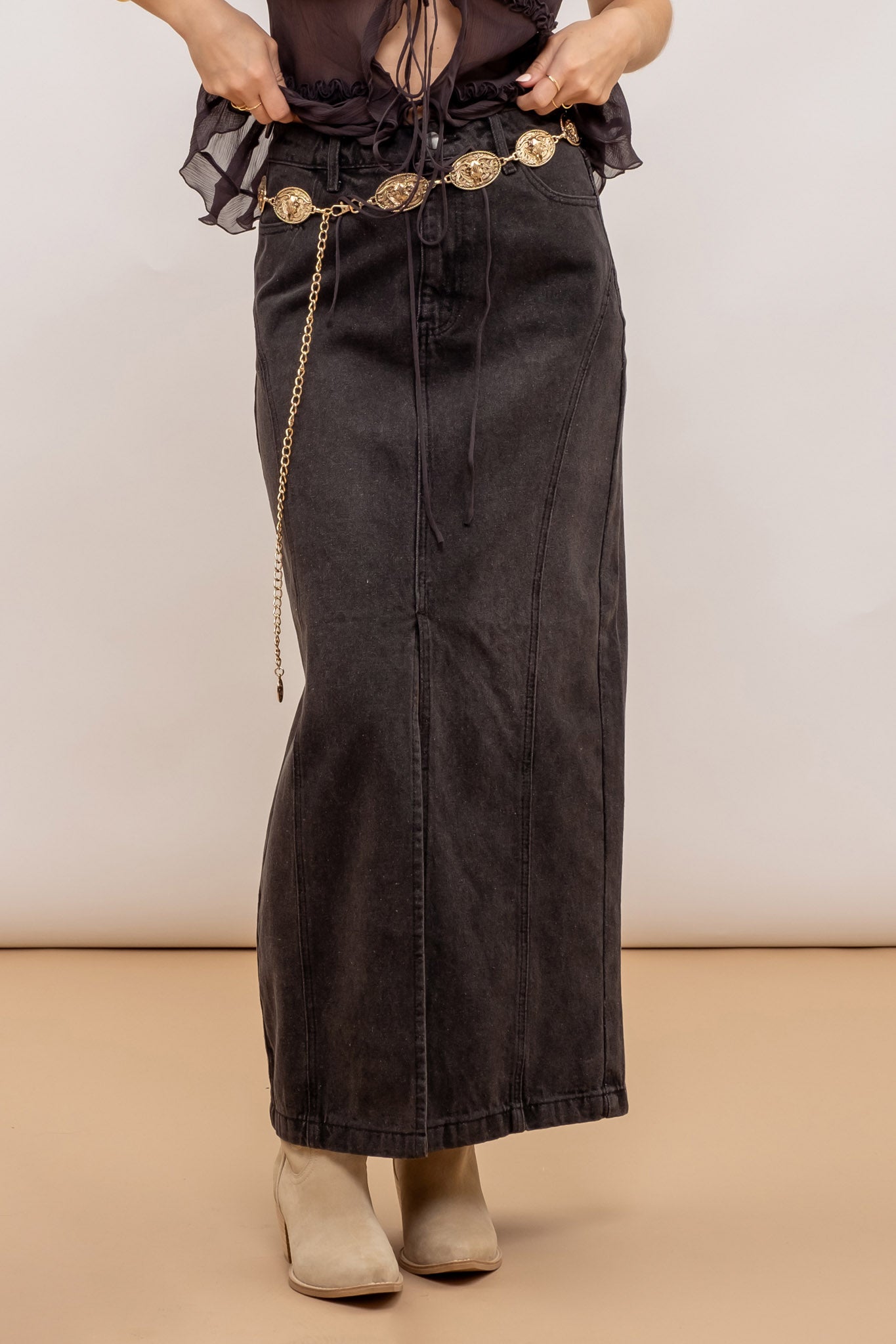 PANELED SPLIT HEM MIDI SKIRT