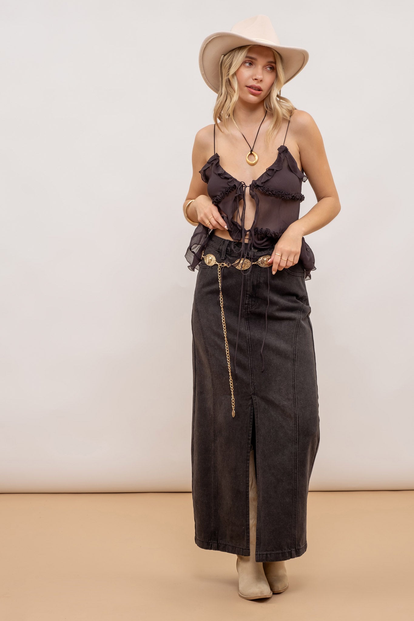 PANELED SPLIT HEM MIDI SKIRT