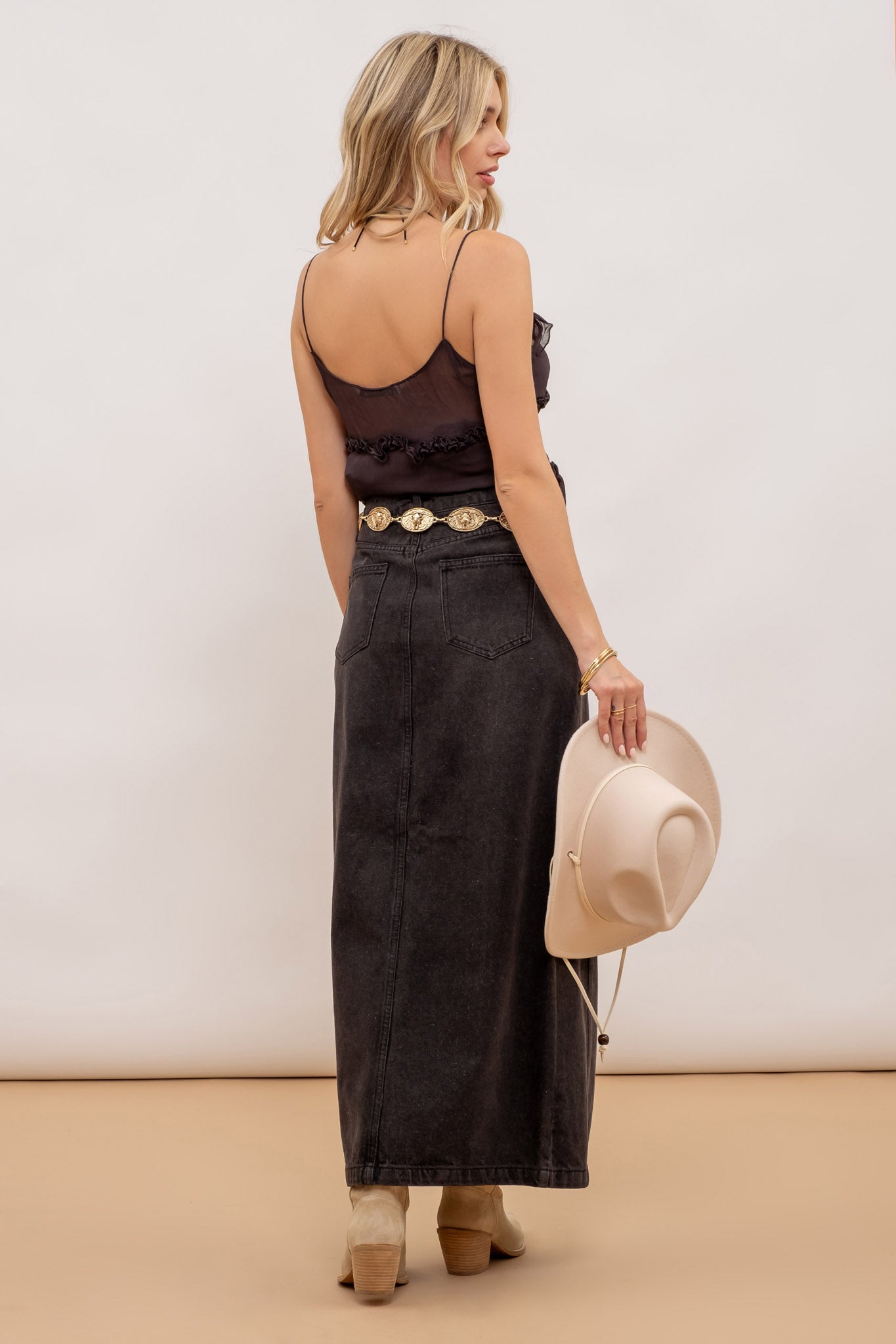 PANELED SPLIT HEM MIDI SKIRT