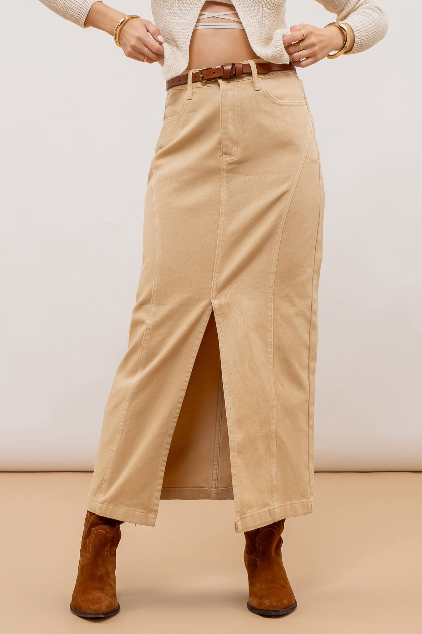 PANELED SPLIT HEM MIDI SKIRT