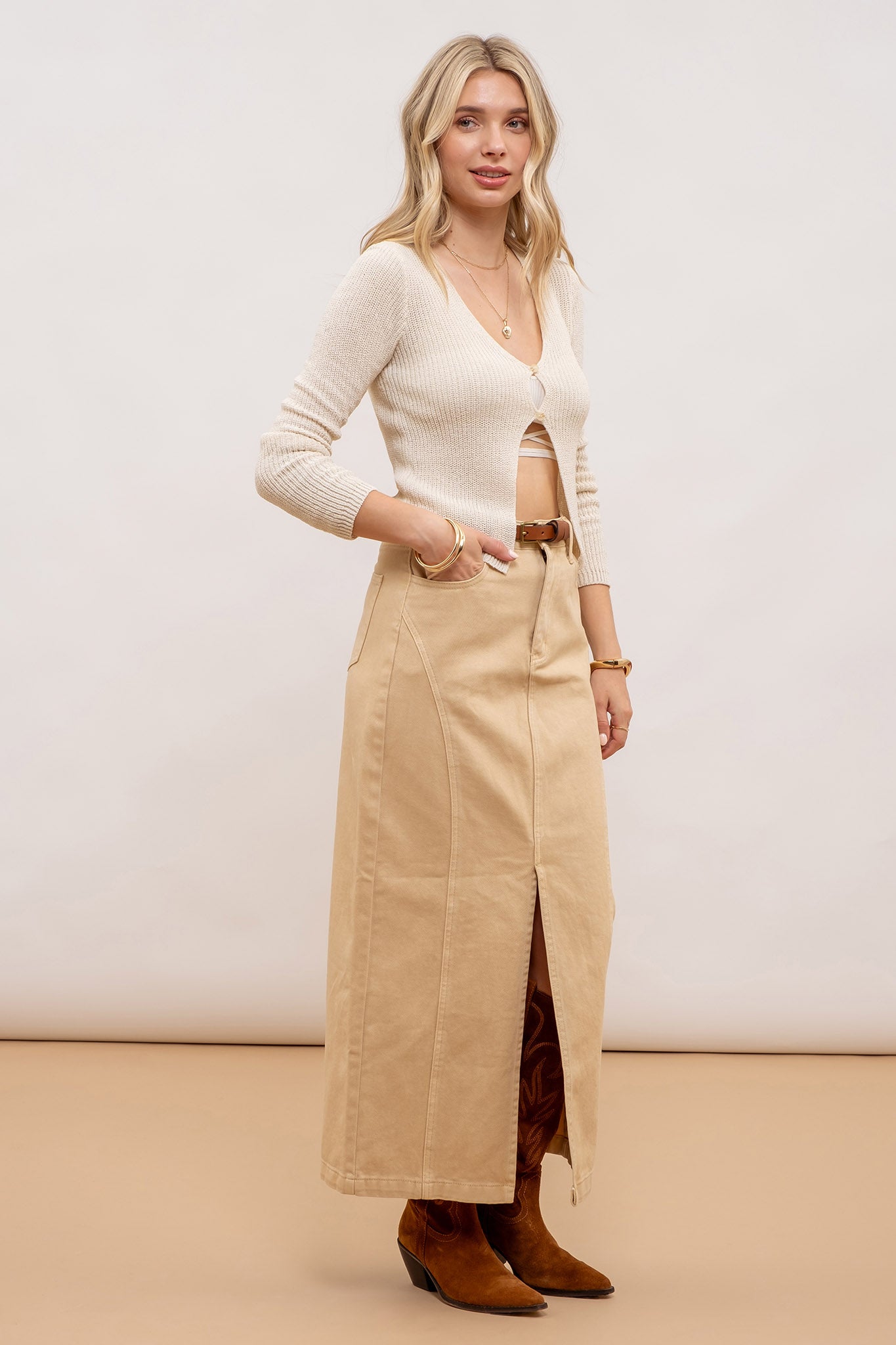 PANELED SPLIT HEM MIDI SKIRT