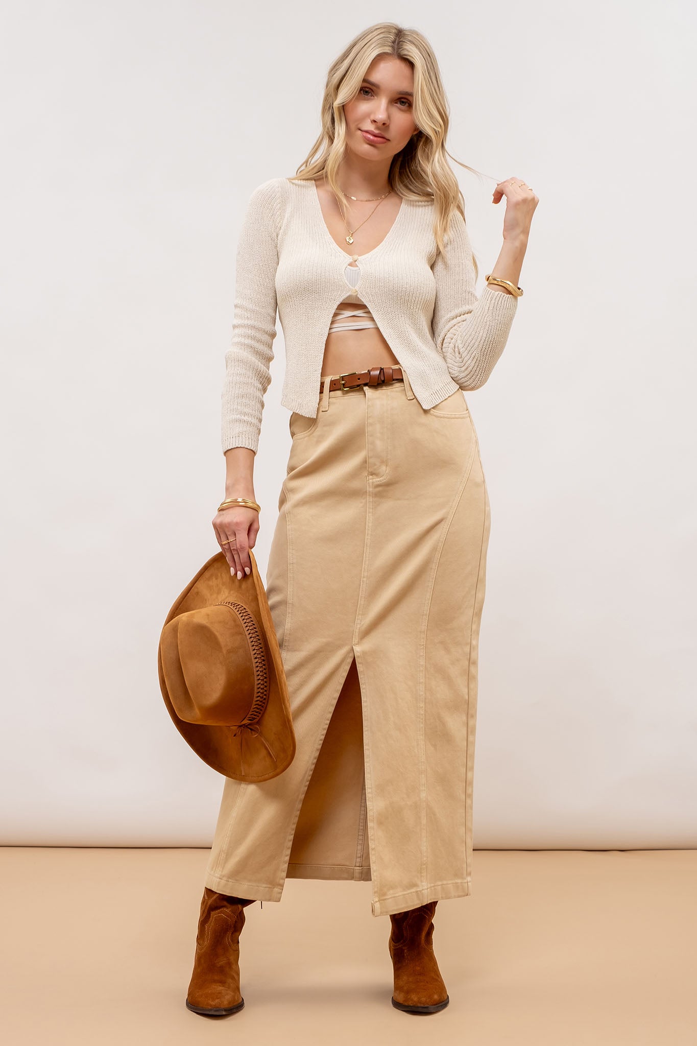 PANELED SPLIT HEM MIDI SKIRT