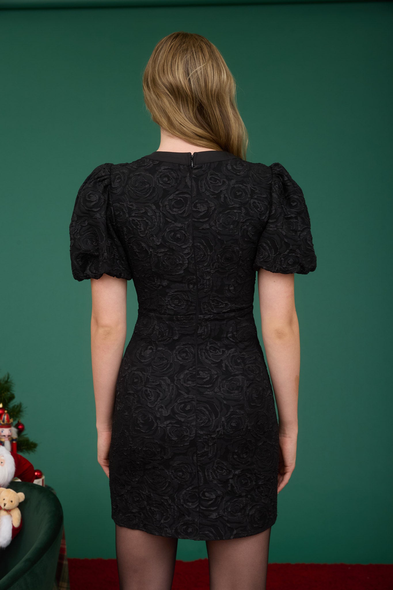 ROSE JACQUARD PUFF SLEEVE BOW DETAIL MINI DRESS