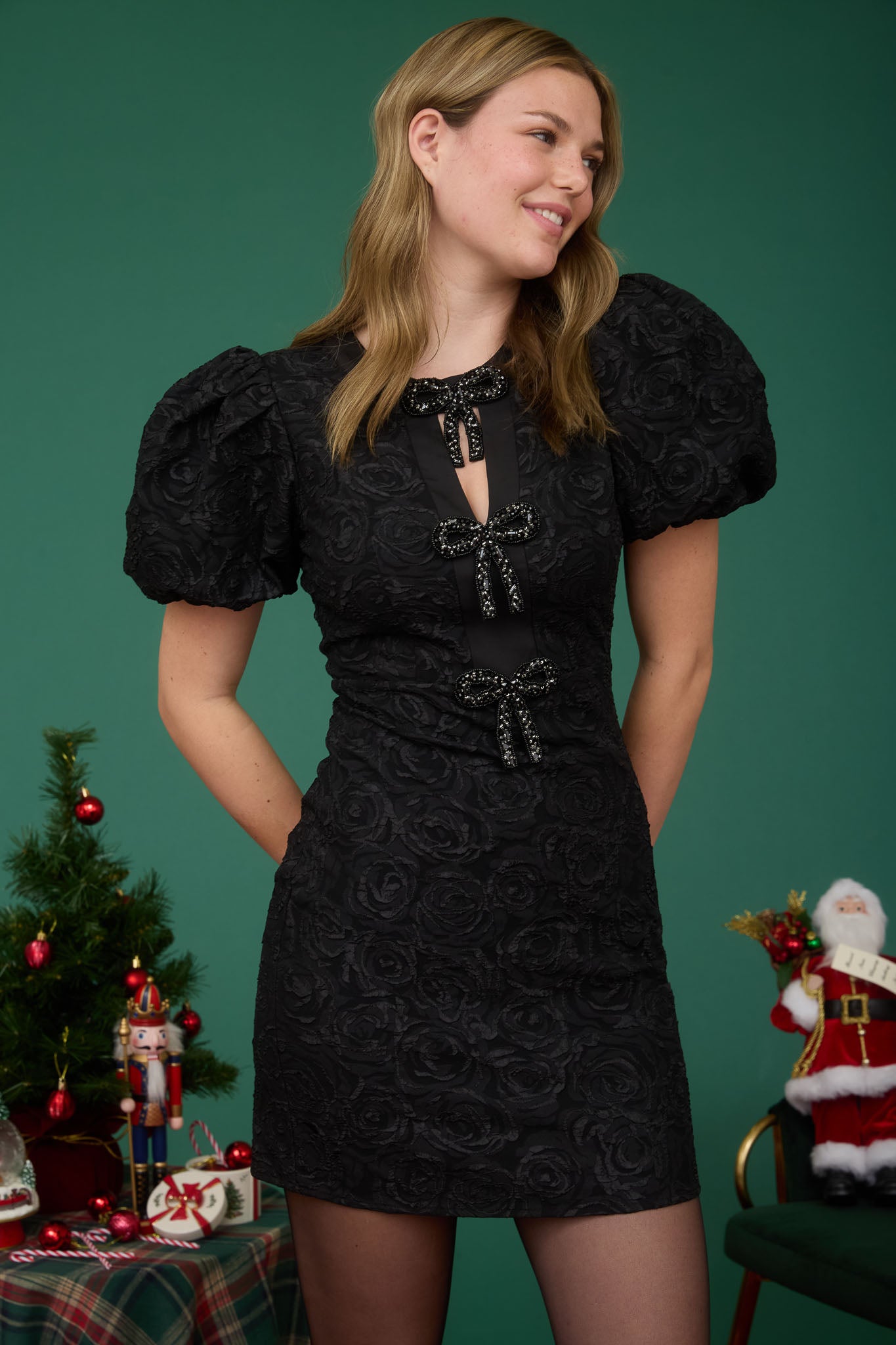 ROSE JACQUARD PUFF SLEEVE BOW DETAIL MINI DRESS