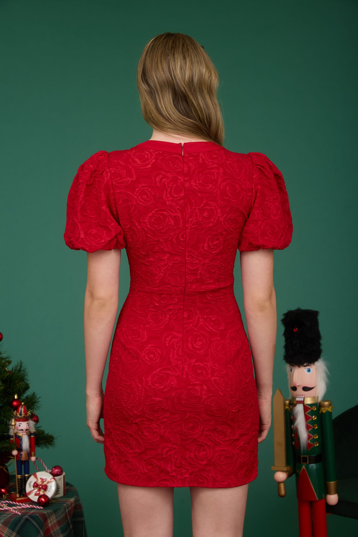ROSE JACQUARD PUFF SLEEVE BOW DETAIL MINI DRESS