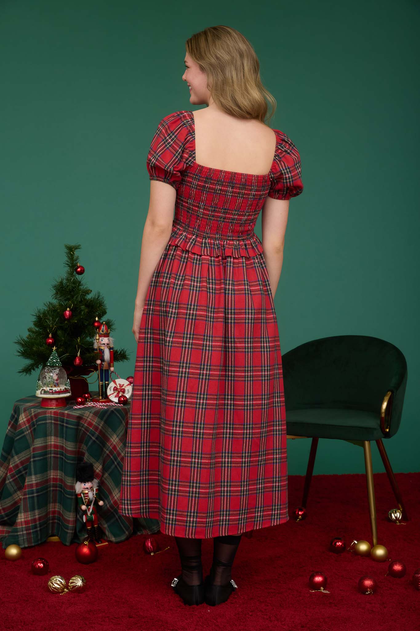 PLAID PUFF SLEEVE VELVET TRIM MIDI DRESS