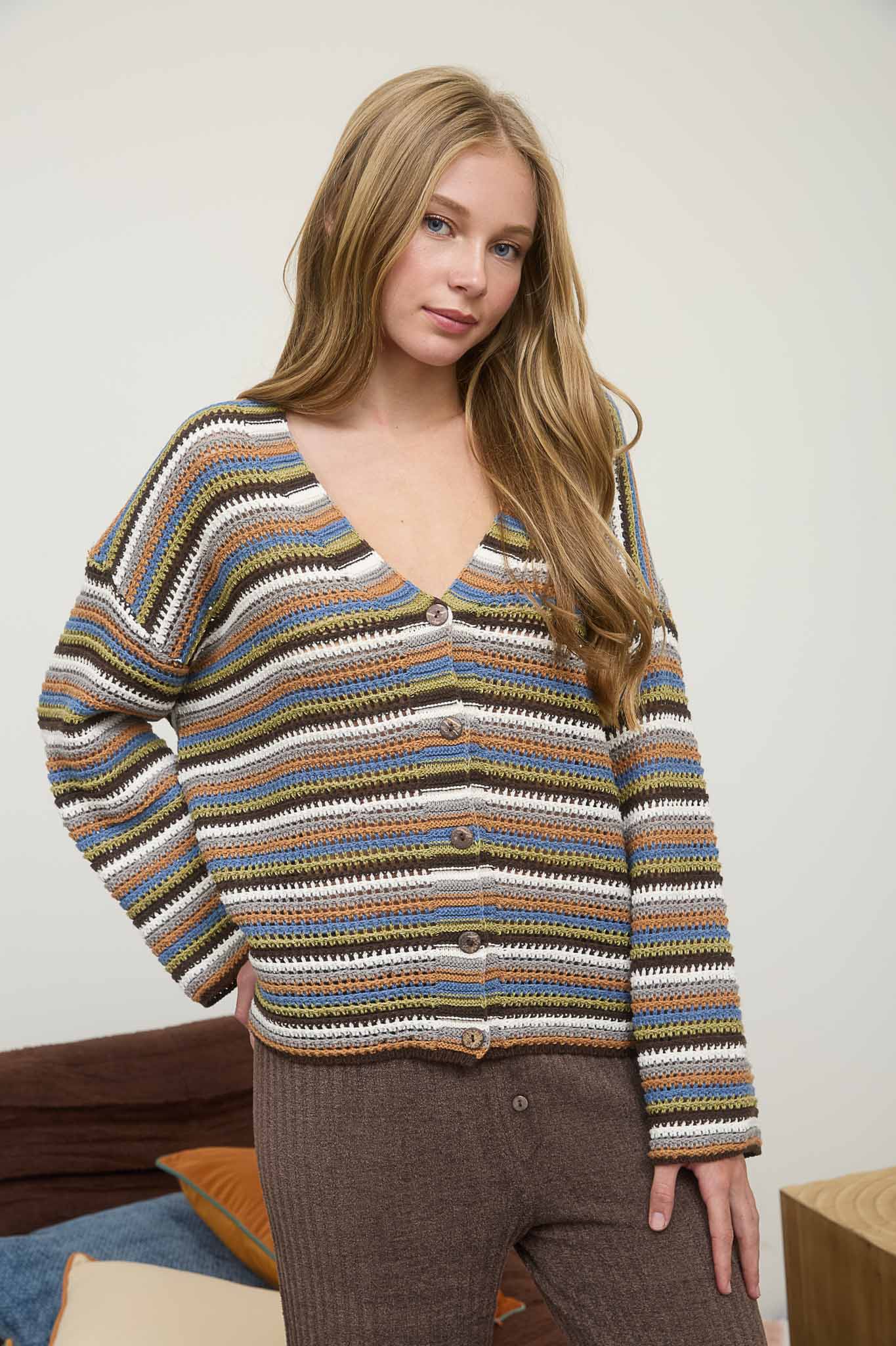 MULTICOLOR STRIPE V NECK BUTTON DOWN CARDIGAN (PRE-ORDER)