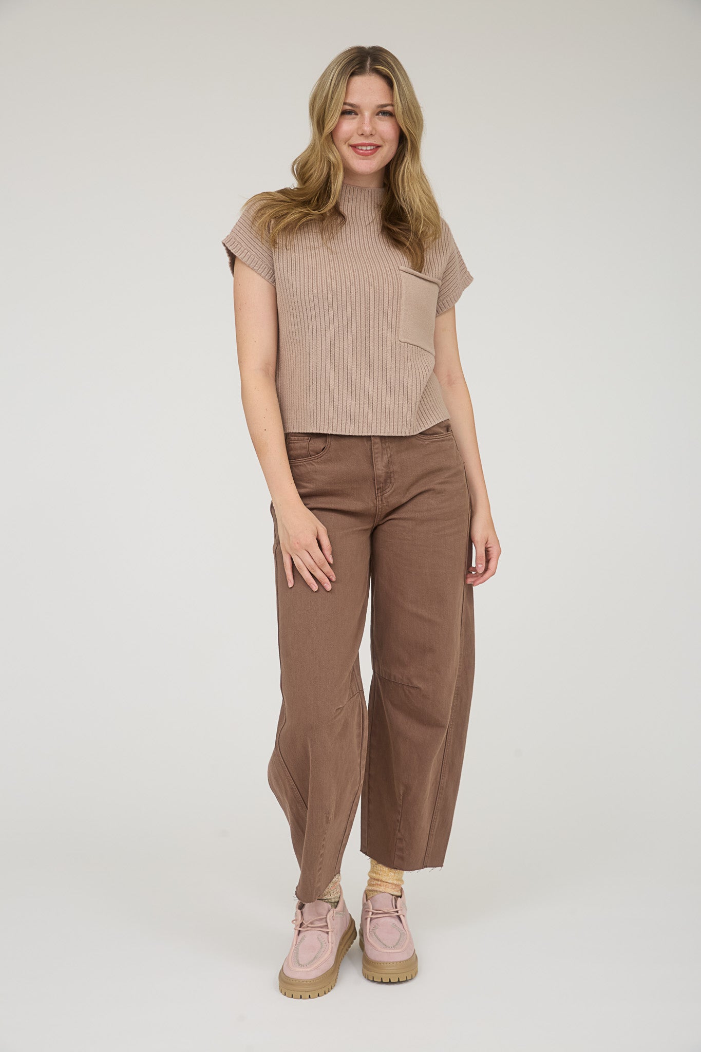 MOCK NECK POCKET DETAIL SHORT SLEEVE KNIT SWEATER