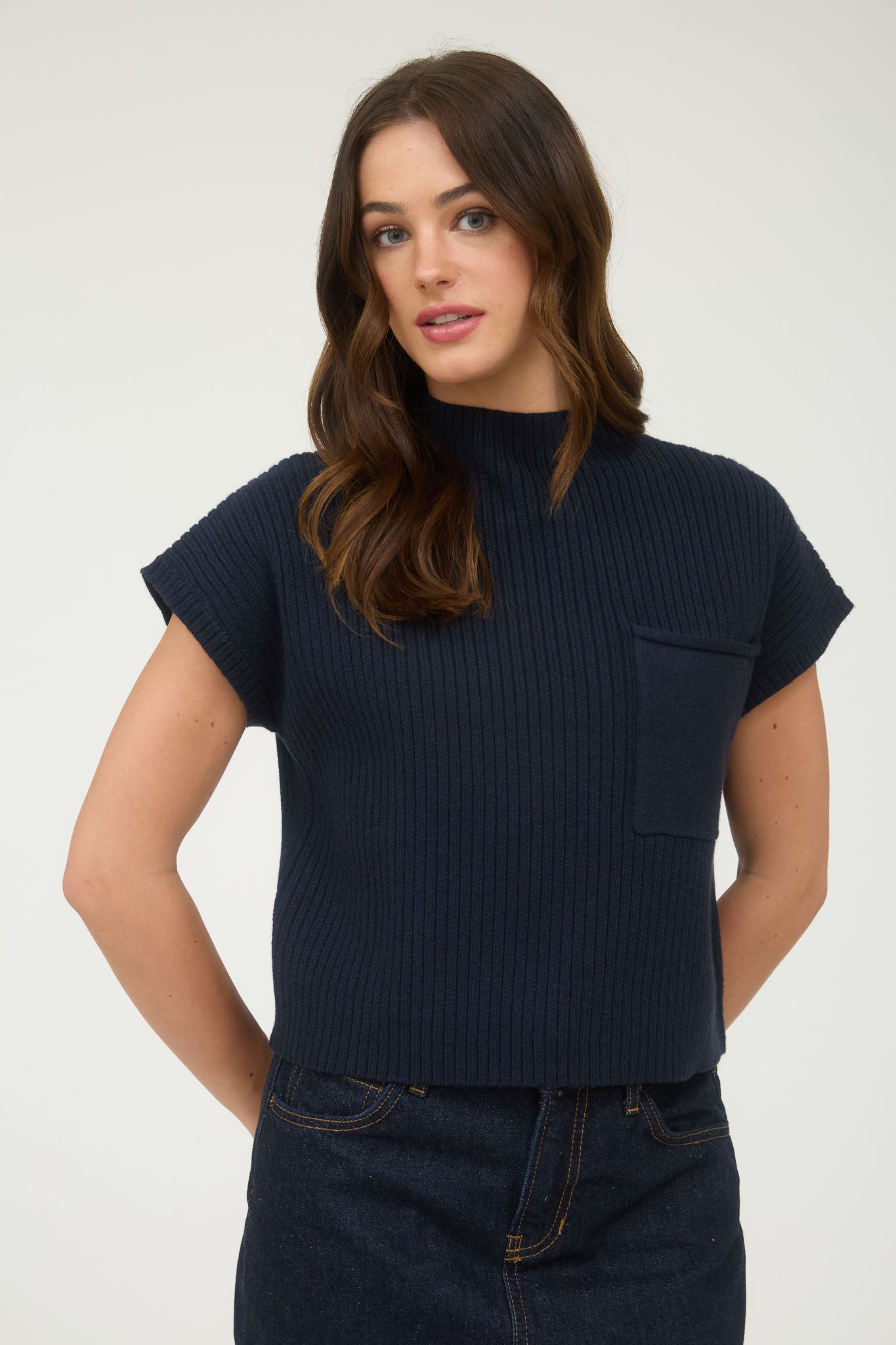 MOCK NECK POCKET DETAIL SHORT SLEEVE KNIT SWEATER