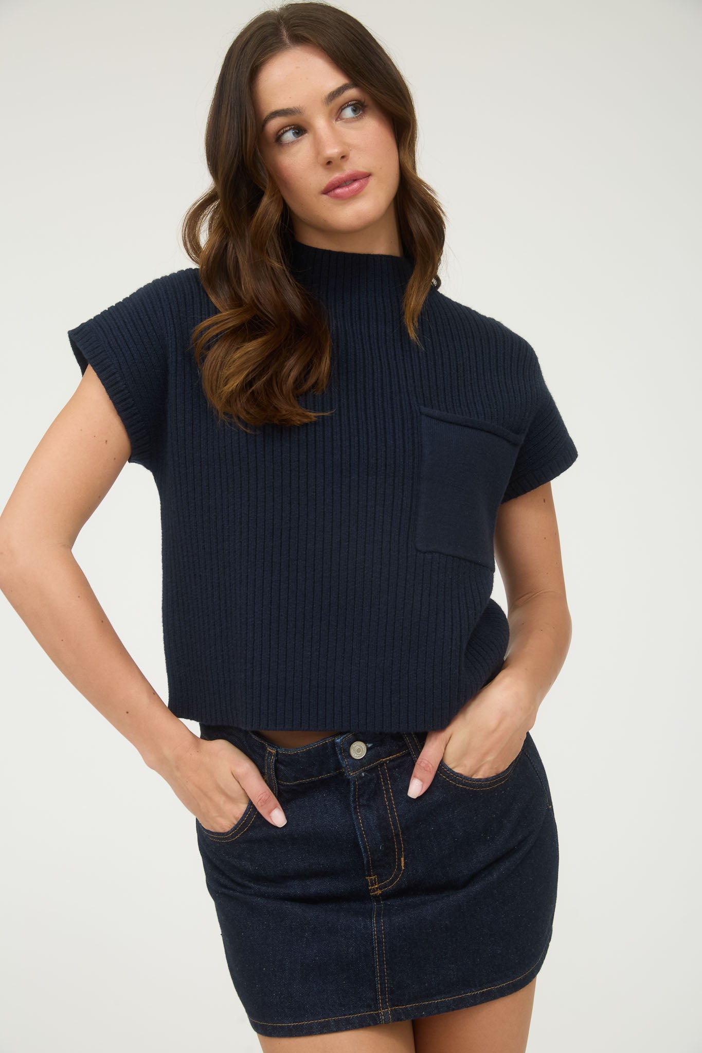 MOCK NECK POCKET DETAIL SHORT SLEEVE KNIT SWEATER