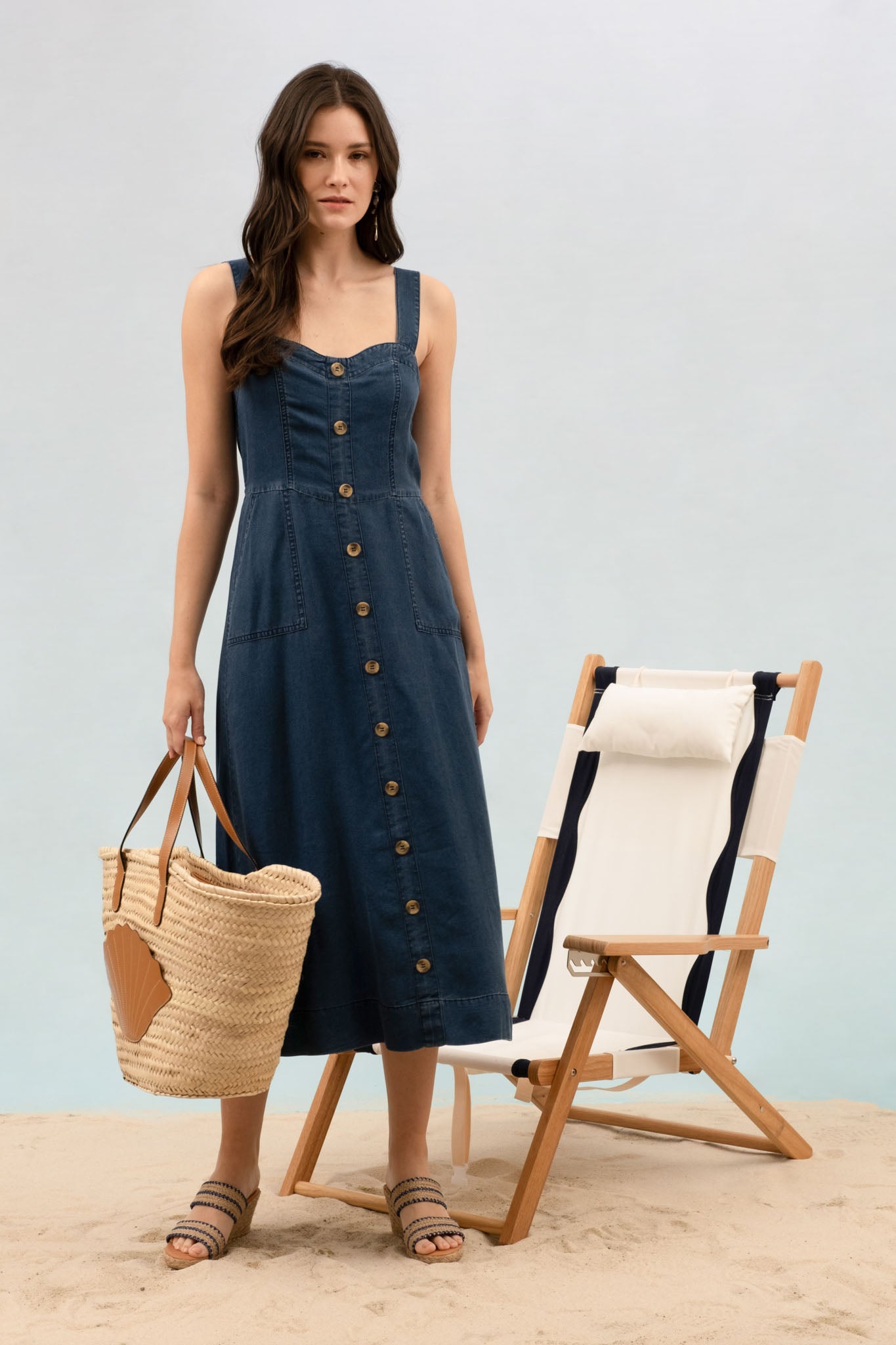 DARK CHAMBRAY BUTTON DOWN SLEEVELESS MAXI DRESS