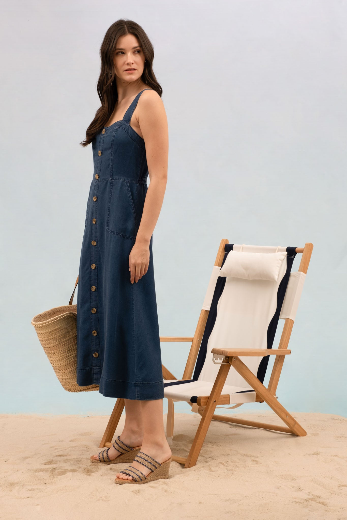 DARK CHAMBRAY BUTTON DOWN SLEEVELESS MAXI DRESS