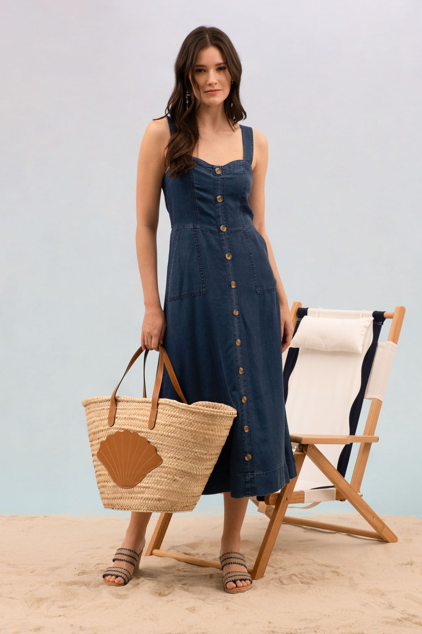 DARK CHAMBRAY BUTTON DOWN SLEEVELESS MAXI DRESS