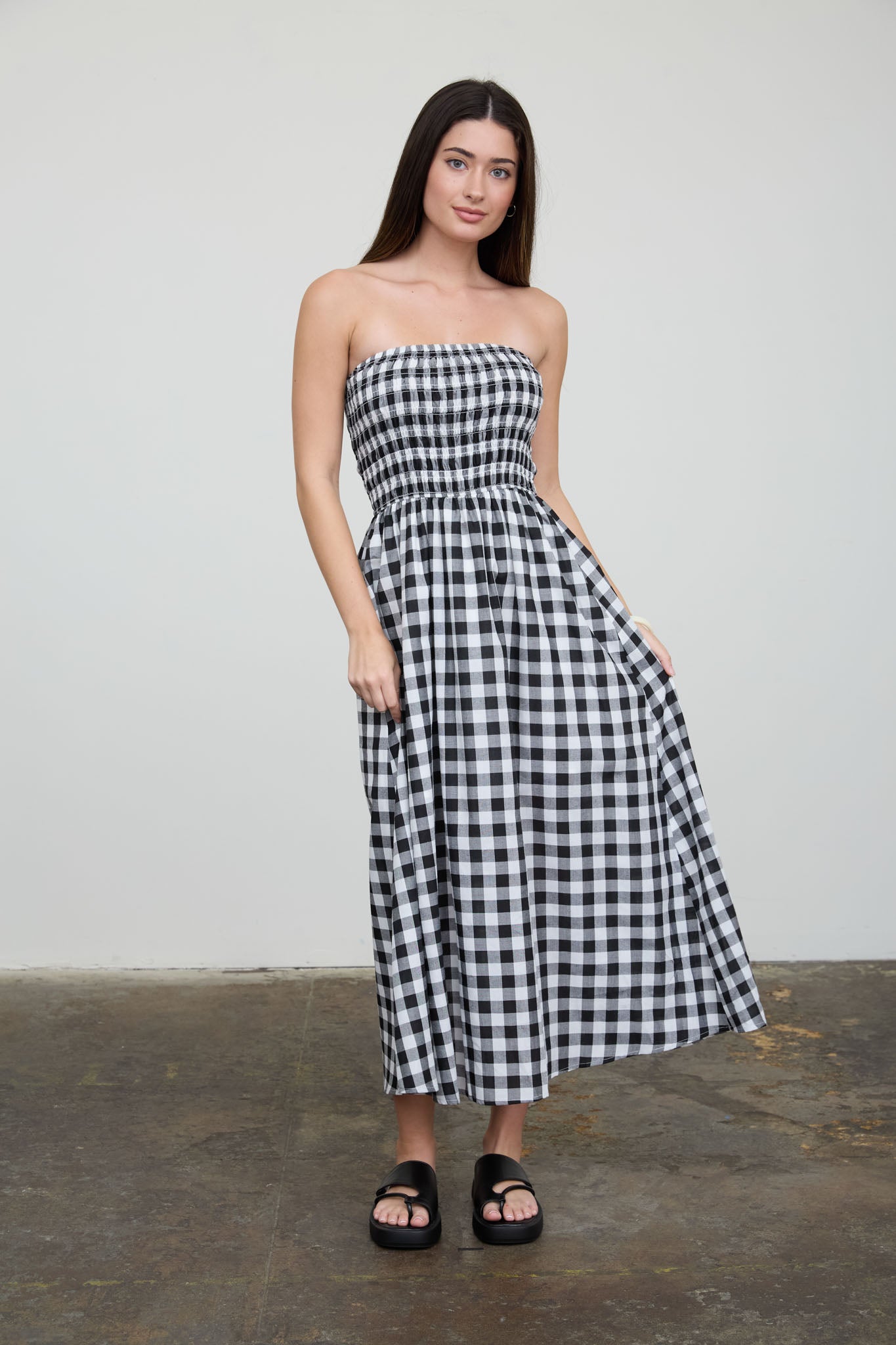 PLAID STRAPLESS SMOCKED MIDI SUNDRESS (PRE-ORDER)