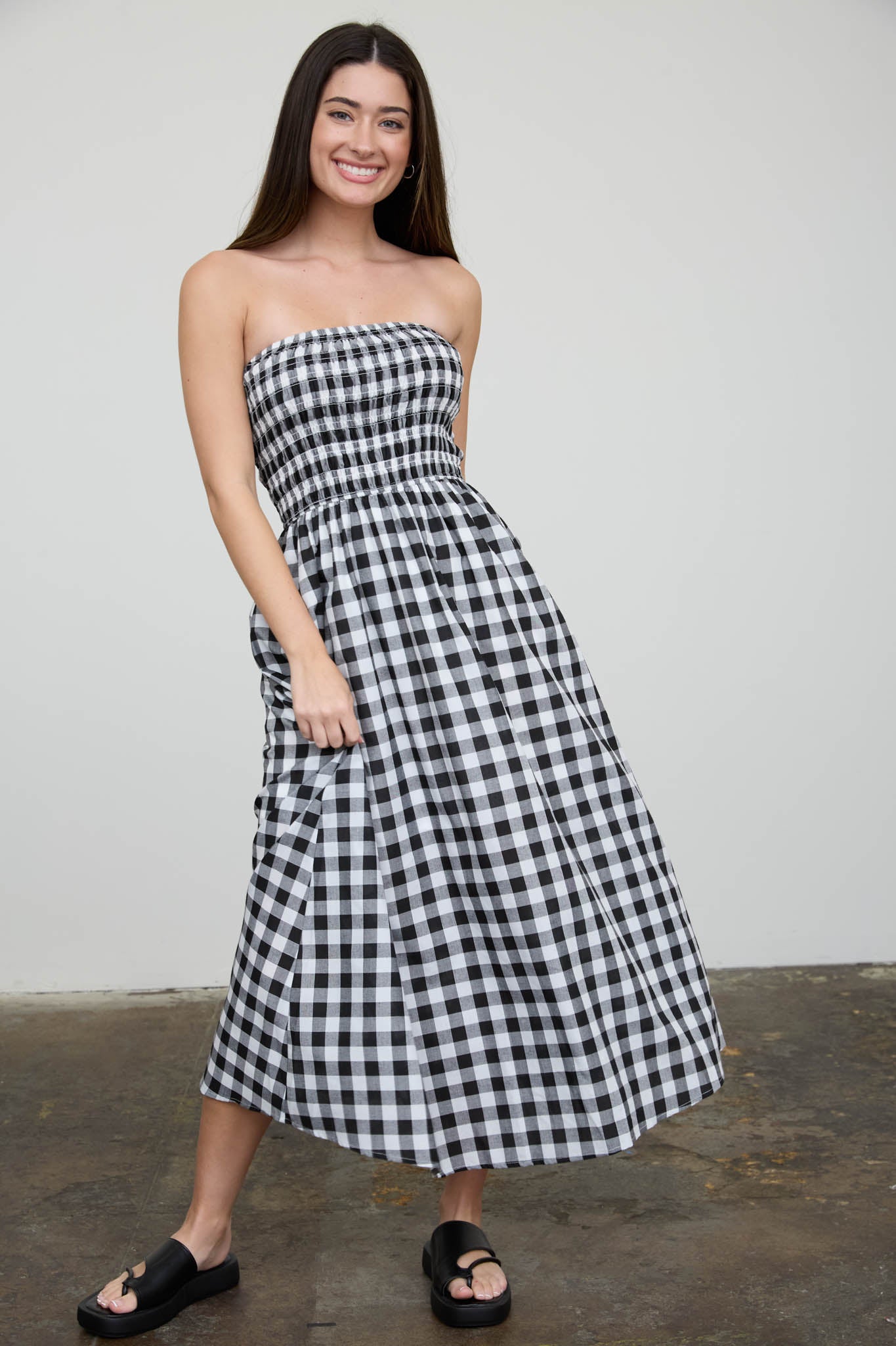 PLAID STRAPLESS SMOCKED MIDI SUNDRESS (PRE-ORDER)
