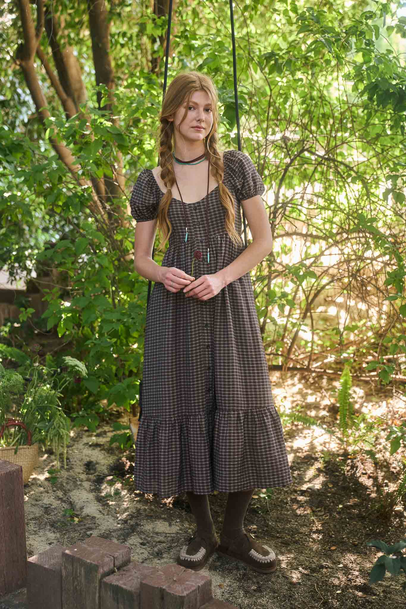PLAID PUFF SLEEVE BUTTON DOWN MAXI DRESS (PRE-ORDER)