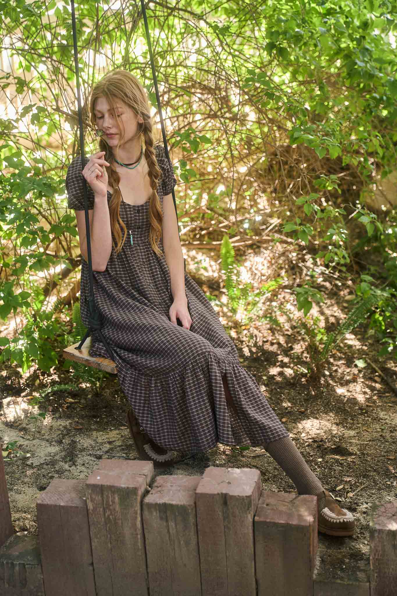 PLAID PUFF SLEEVE BUTTON DOWN MAXI DRESS (PRE-ORDER)