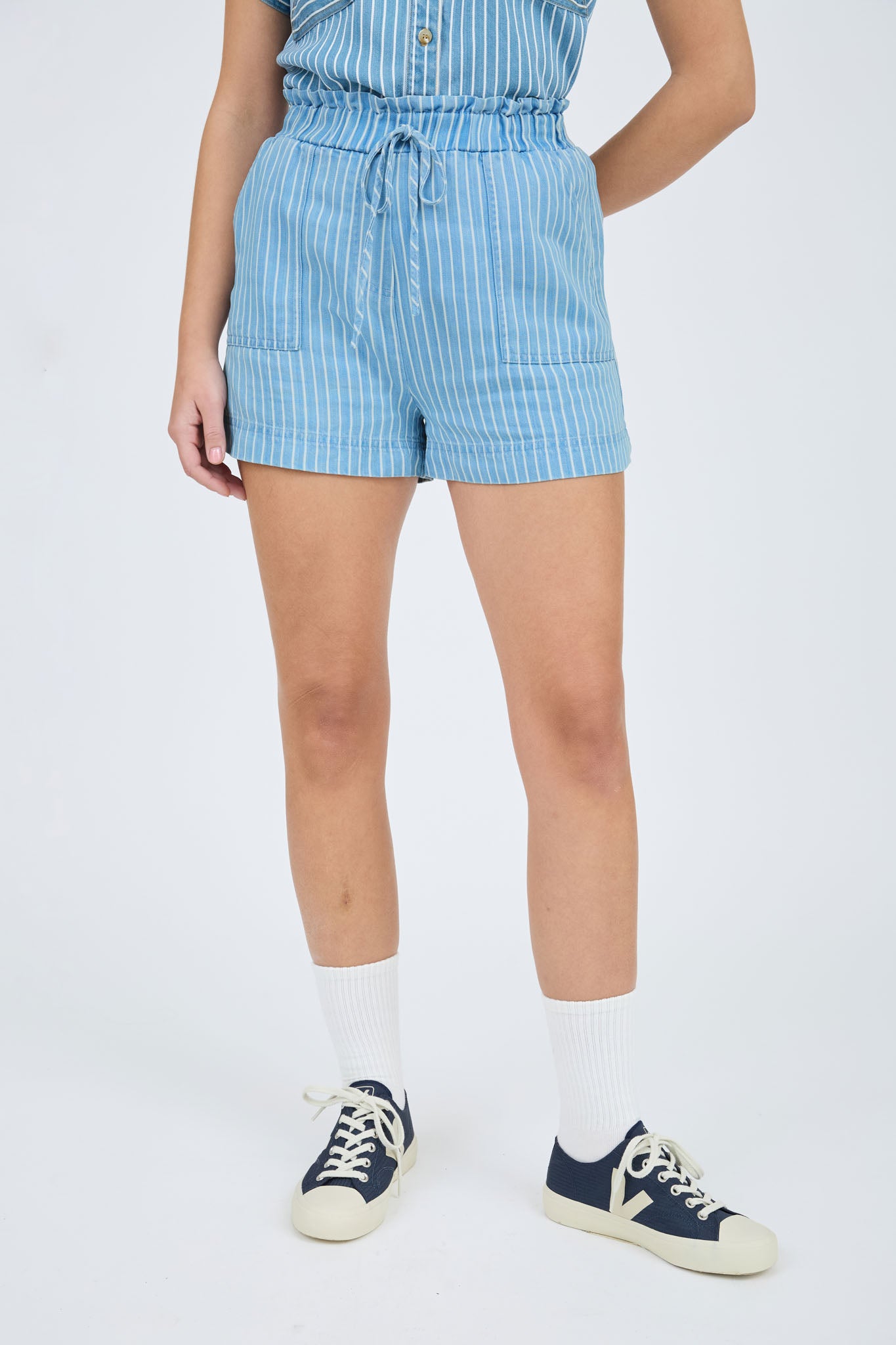 PINSTRIPE CHAMBRAY RUCHED TIE WAIST MINI SHORTS (PRE-ORDER)