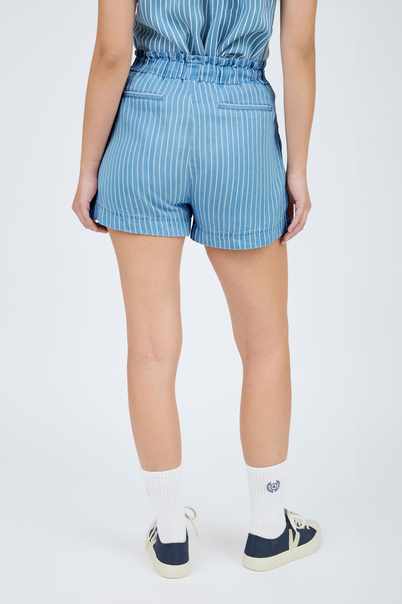 PINSTRIPE CHAMBRAY RUCHED TIE WAIST MINI SHORTS (PRE-ORDER)