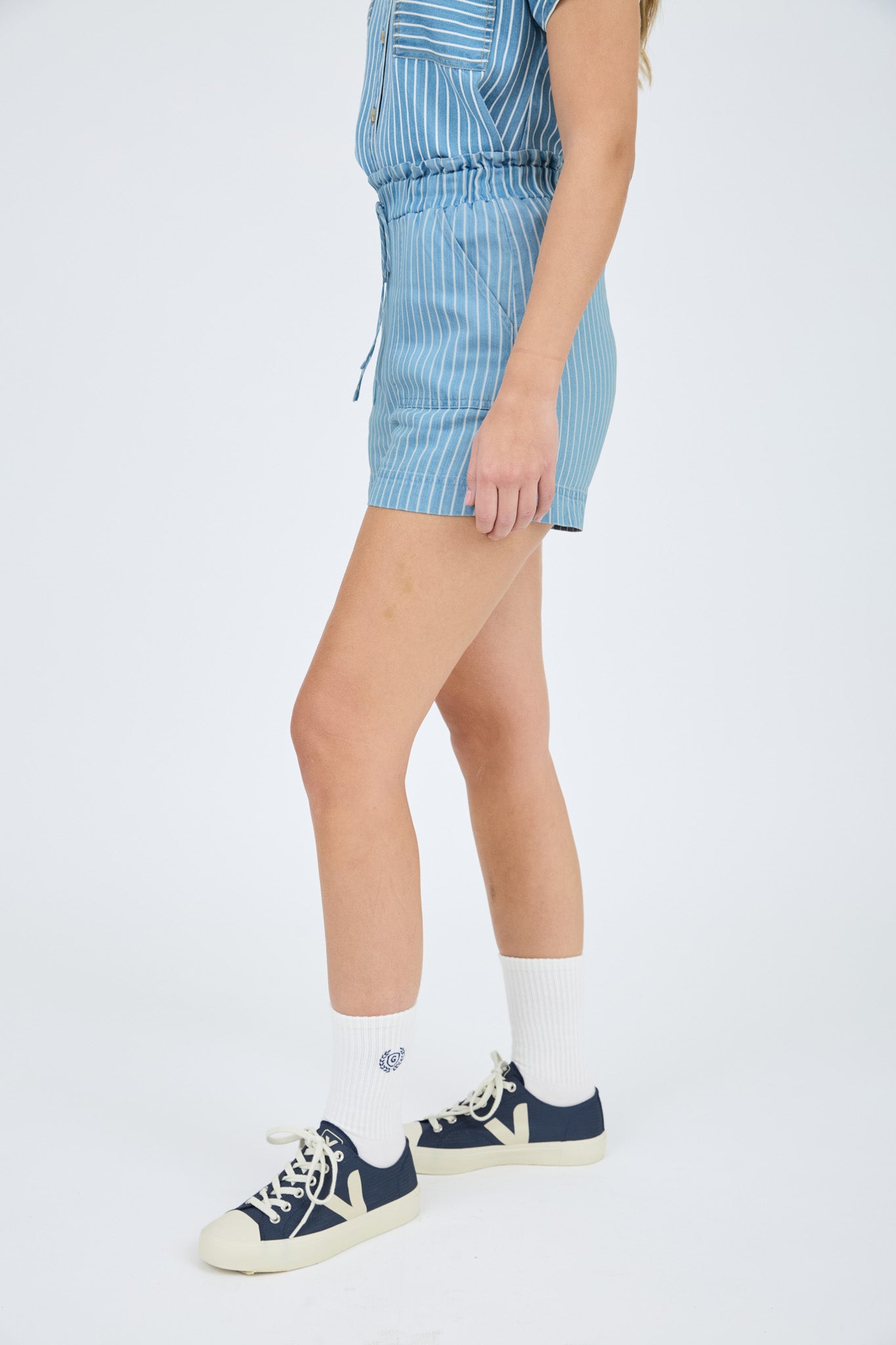 PINSTRIPE CHAMBRAY RUCHED TIE WAIST MINI SHORTS (PRE-ORDER)