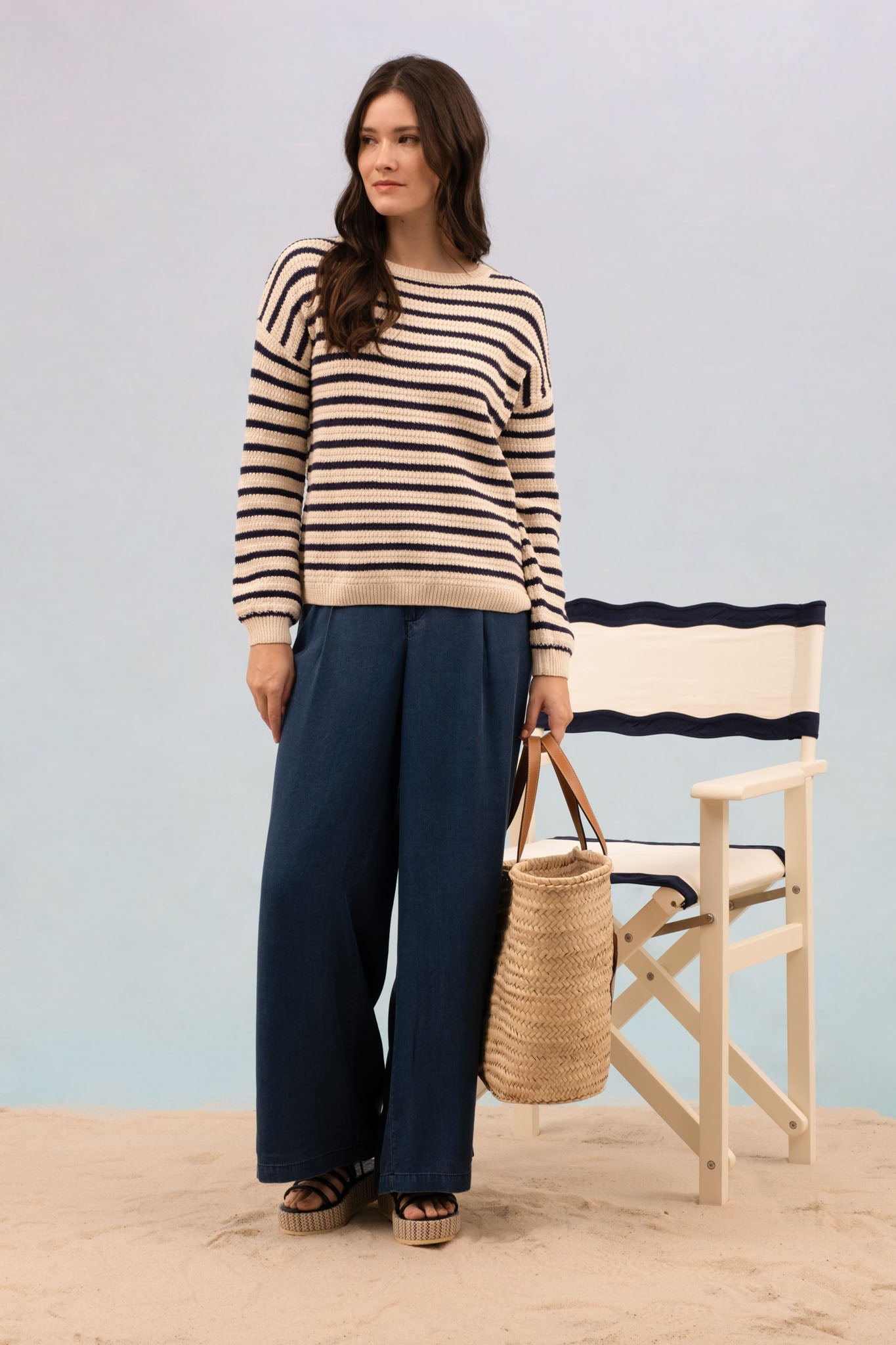 STRIPE CREW NECK DROP SHOULDER SWEATER