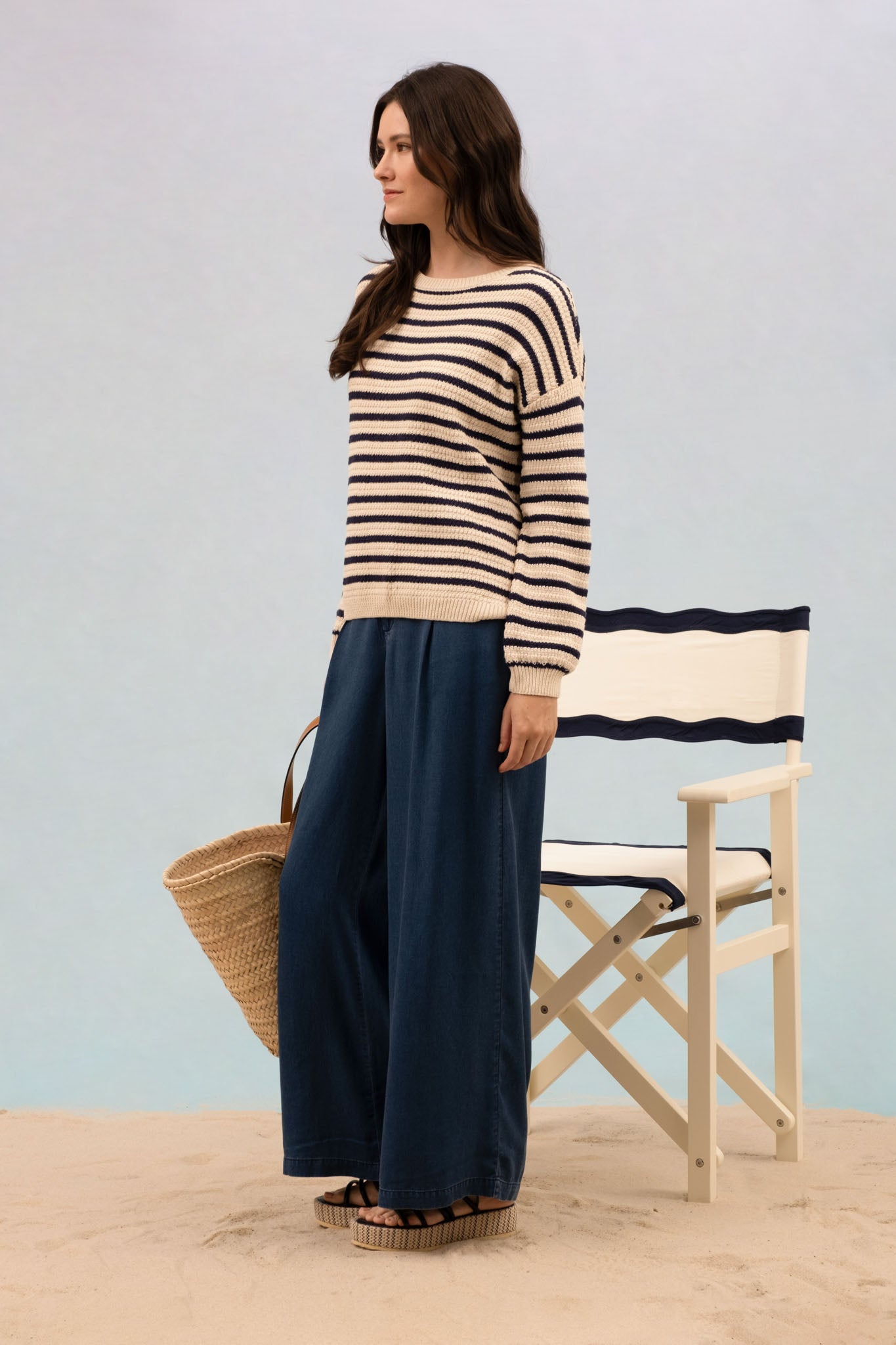 STRIPE CREW NECK DROP SHOULDER SWEATER