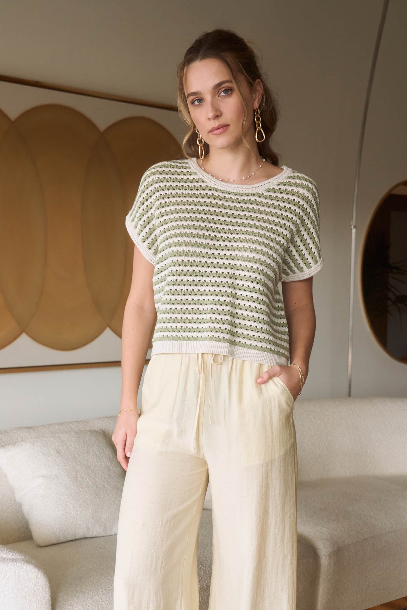 STRIPE CROCHET KNIT BATWING SHORT SLEEVE SWEATER T