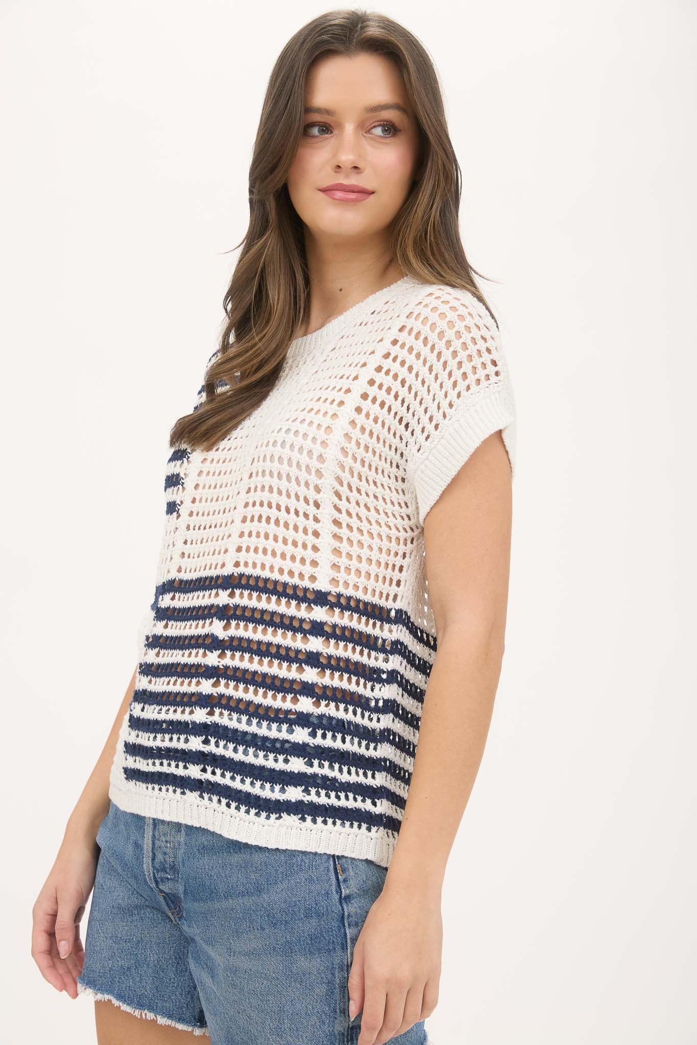 MULTI STRIPE SHORT SLEEVE SHEER CROCHET KNIT TOP