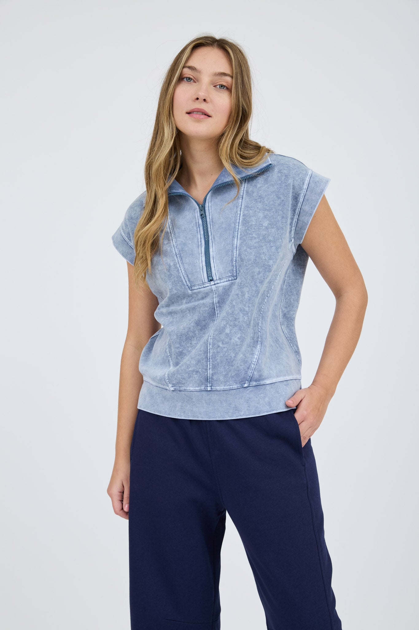 WASHED HALF ZIP RIBBED DETAIL SLEEVELESS KNIT TOP (PRE-ORDER)