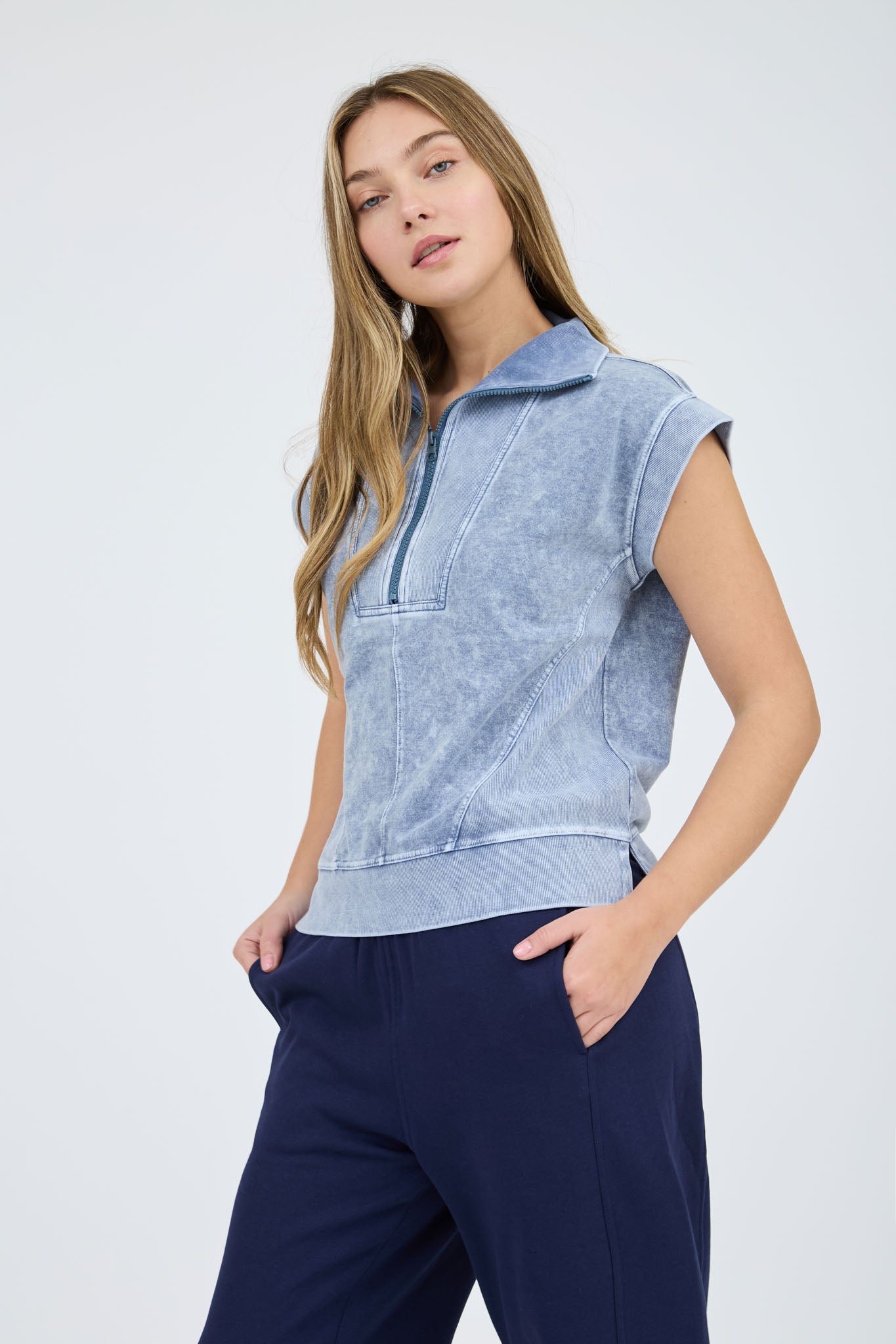 WASHED HALF ZIP RIBBED DETAIL SLEEVELESS KNIT TOP (PRE-ORDER)