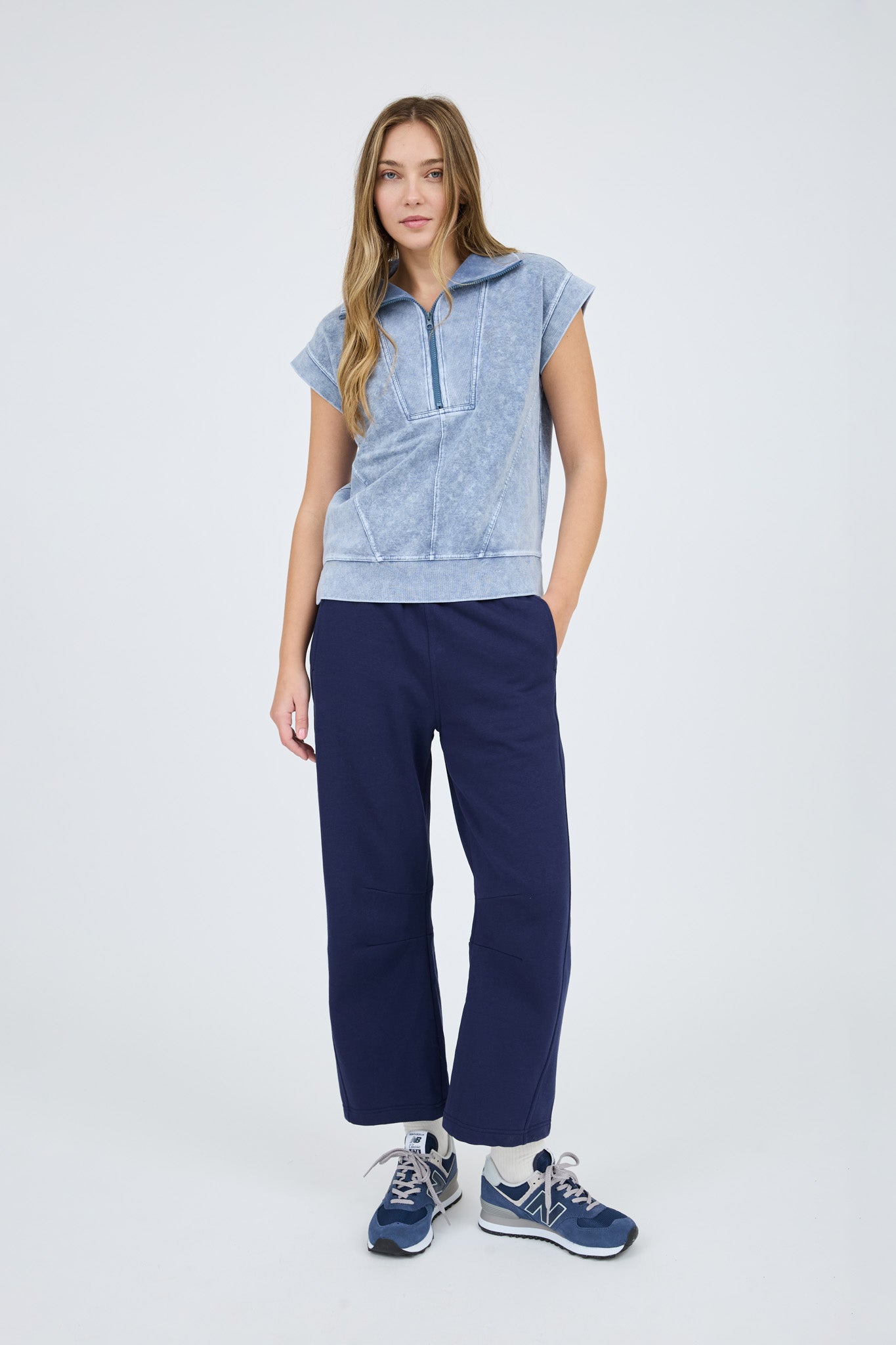 WASHED HALF ZIP RIBBED DETAIL SLEEVELESS KNIT TOP (PRE-ORDER)