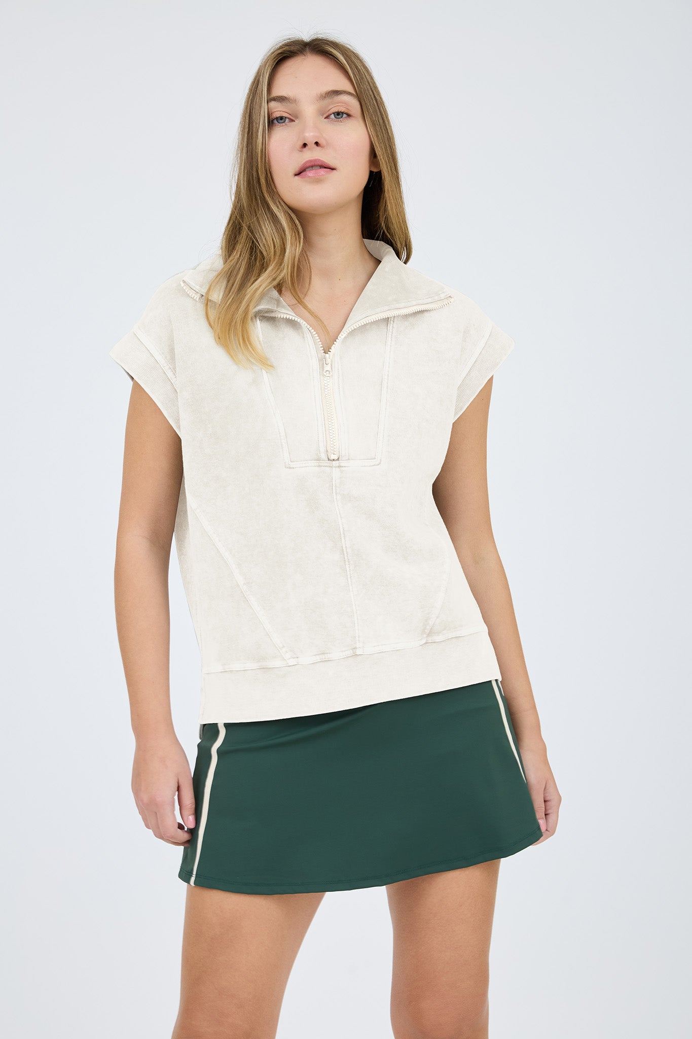 WASHED HALF ZIP RIBBED DETAIL SLEEVELESS KNIT TOP (PRE-ORDER)