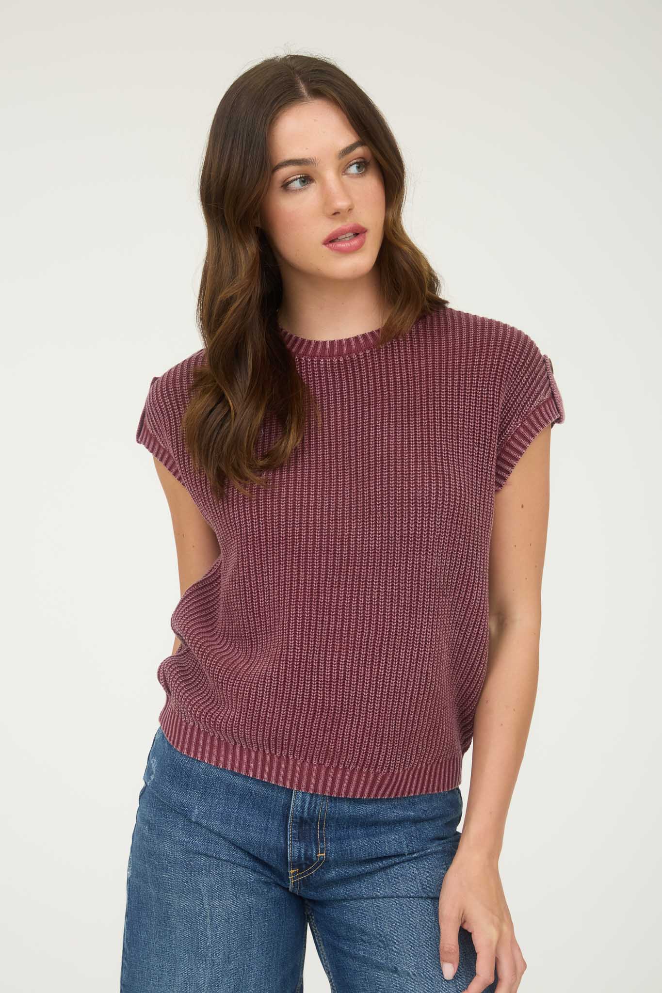 WASHED KNIT SHORT TAB SLEEVE PULLOVER SWEATER (PRE-ORDER)