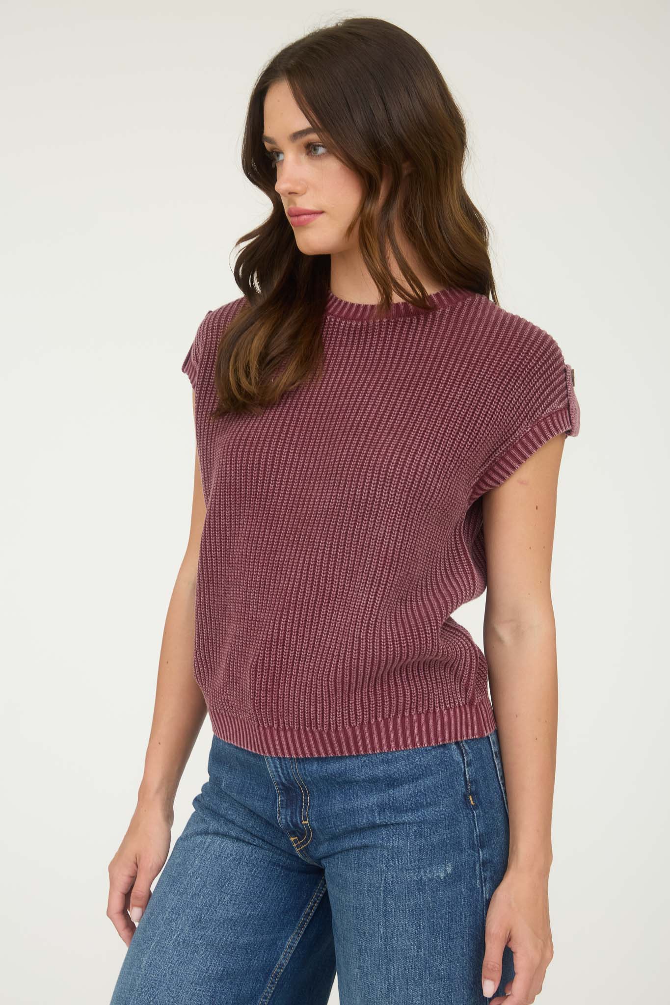 WASHED KNIT SHORT TAB SLEEVE PULLOVER SWEATER (PRE-ORDER)