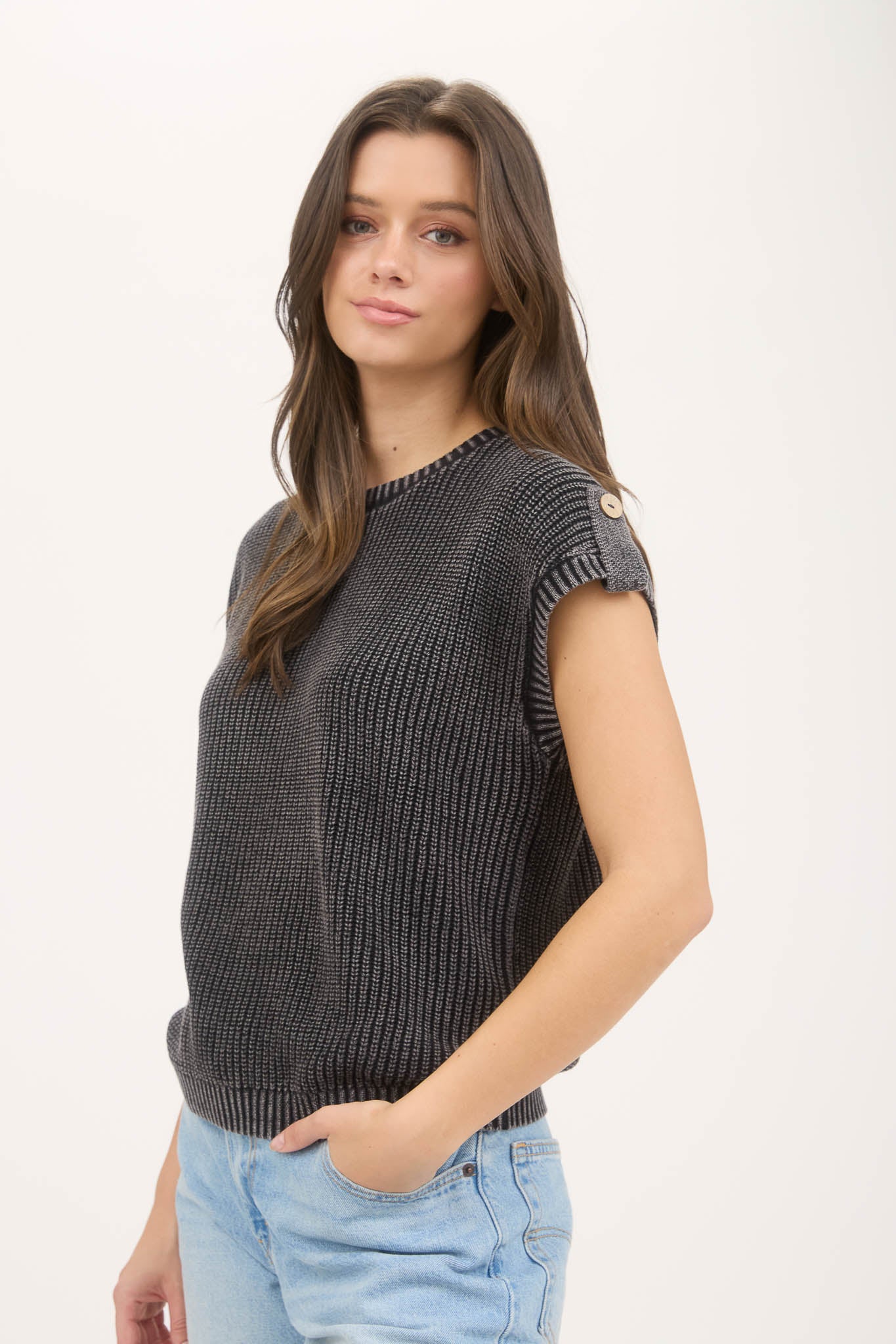 WASHED KNIT SHORT TAB SLEEVE PULLOVER SWEATER (PRE-ORDER)