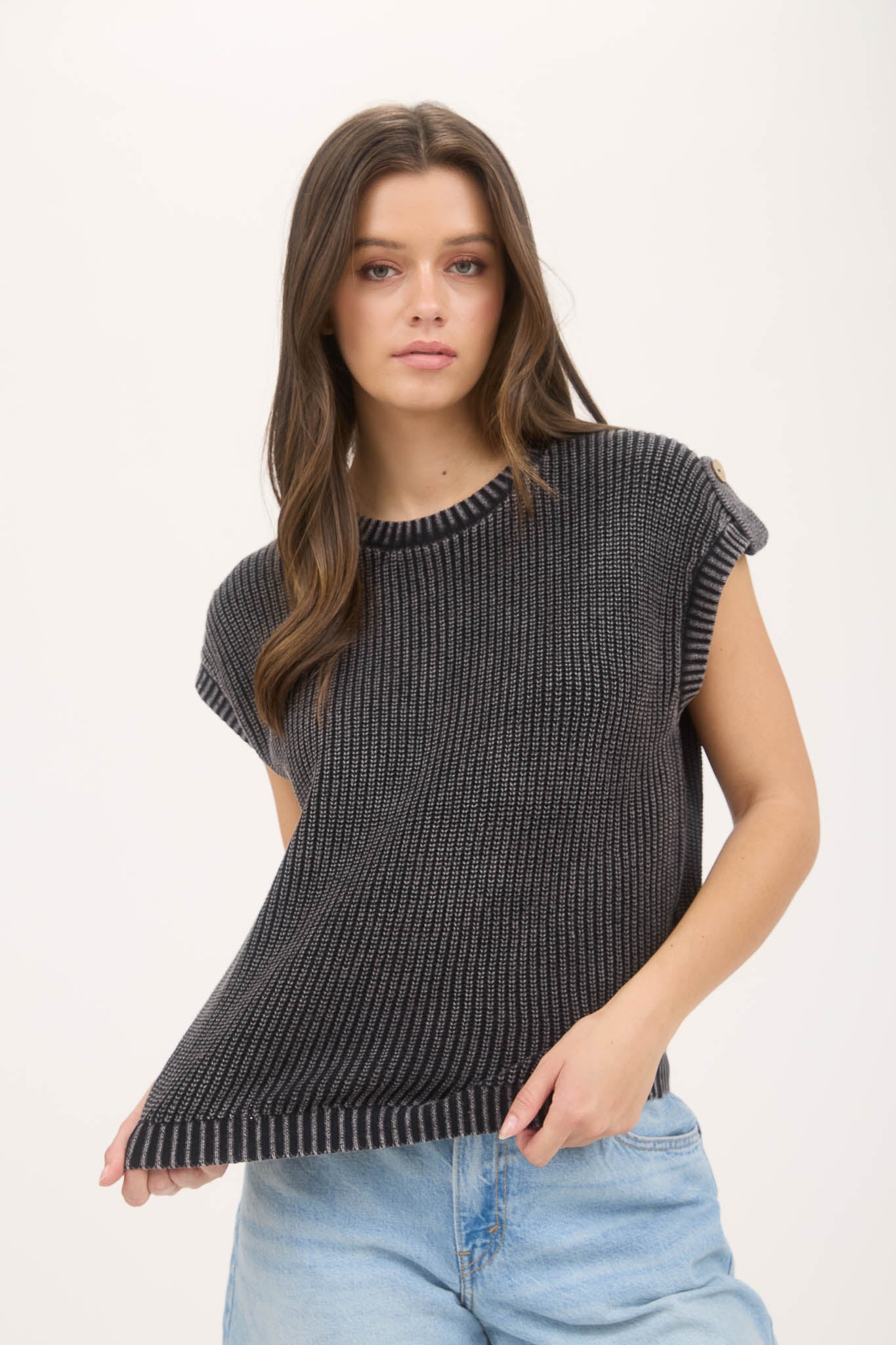WASHED KNIT SHORT TAB SLEEVE PULLOVER SWEATER (PRE-ORDER)