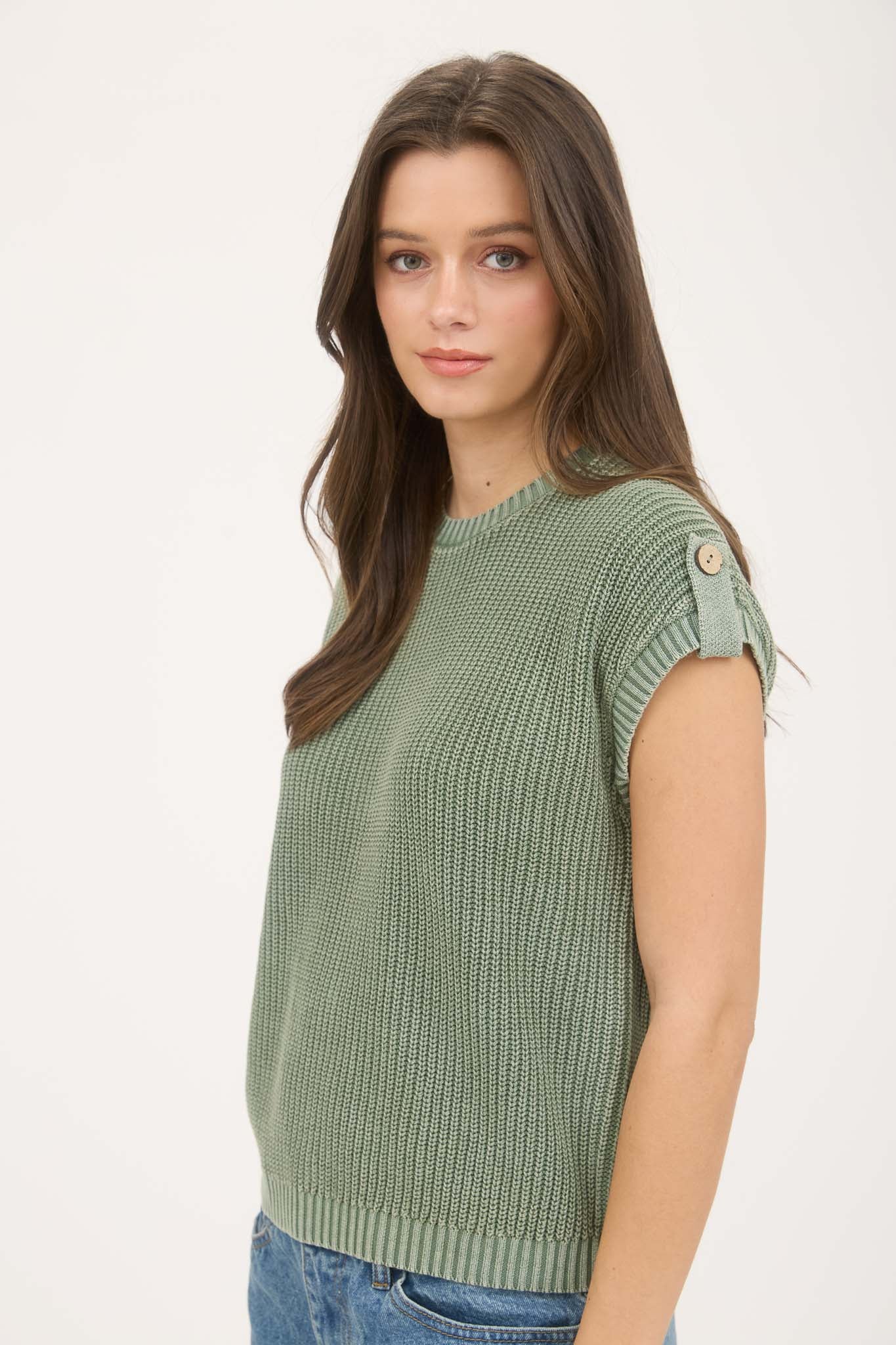WASHED KNIT SHORT TAB SLEEVE PULLOVER SWEATER (PRE-ORDER)