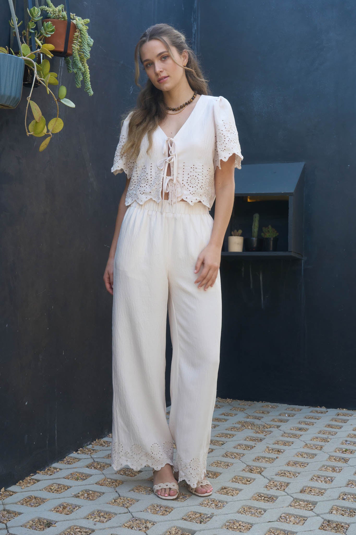 EYELET TRIM FRONT TIE BLOUSE AND WIDE LEG PANT SET