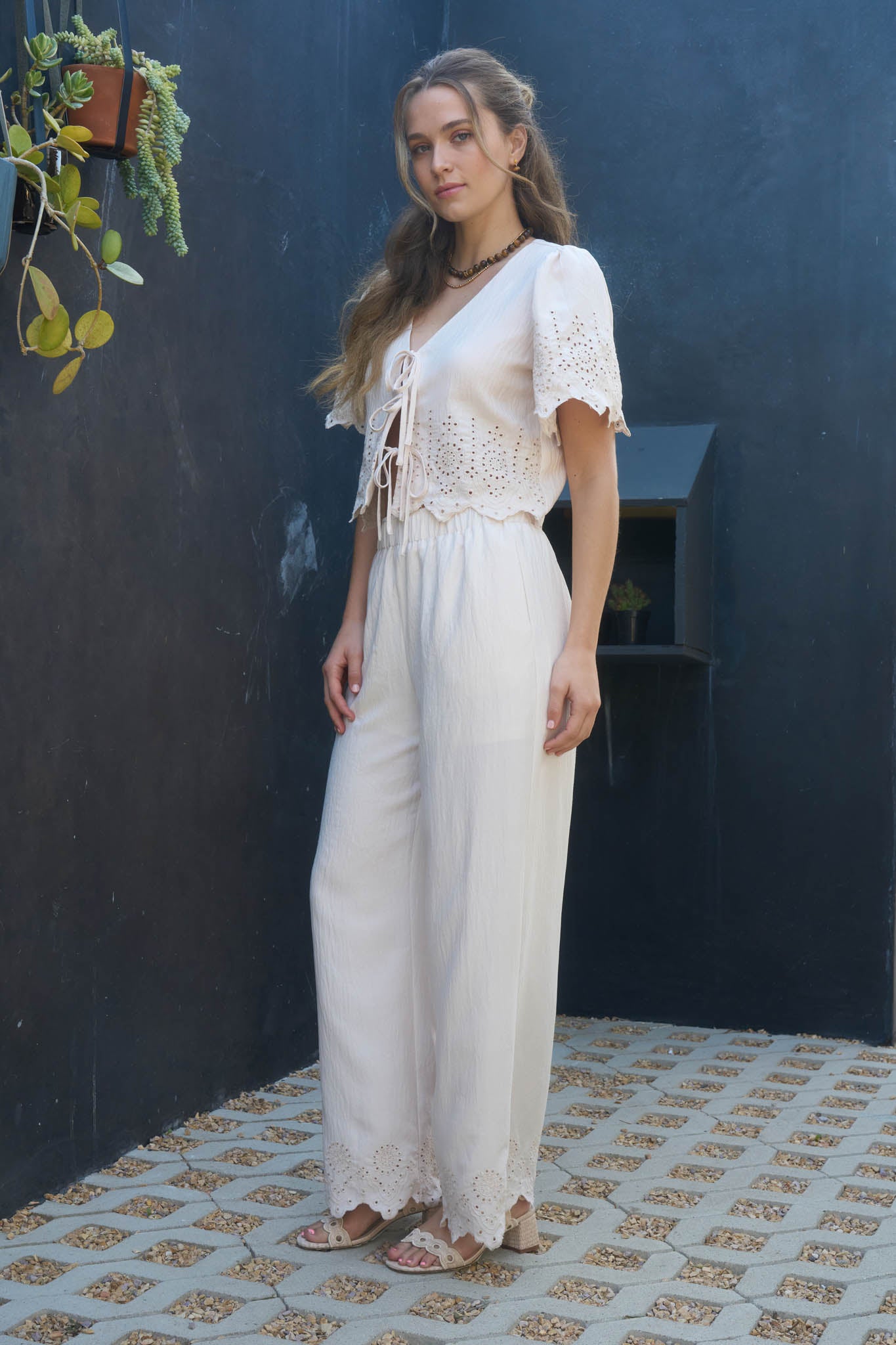 EYELET TRIM FRONT TIE BLOUSE AND WIDE LEG PANT SET