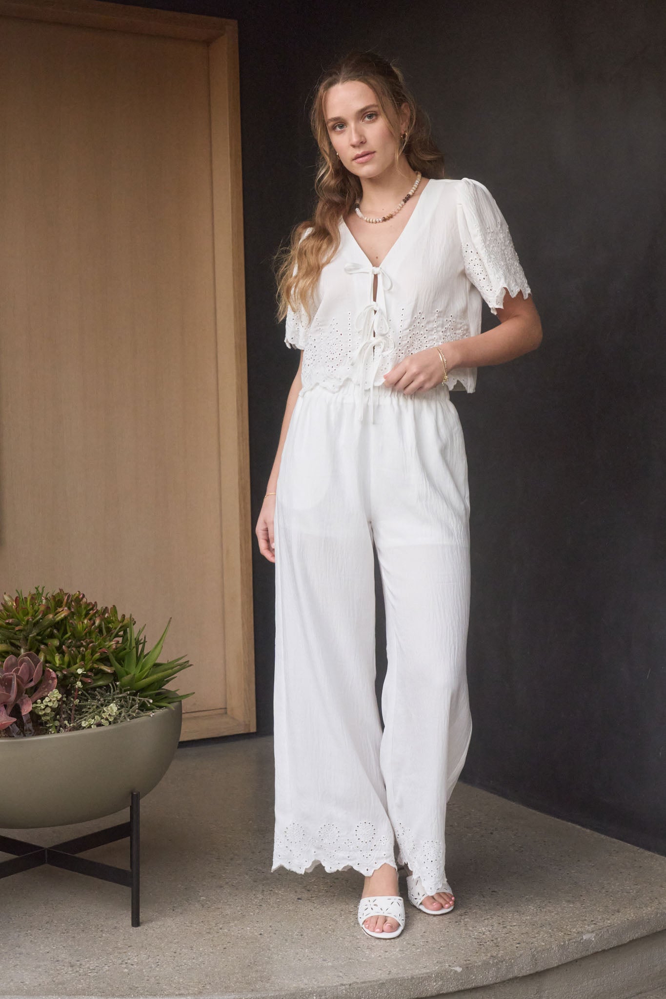 EYELET TRIM FRONT TIE BLOUSE AND WIDE LEG PANT SET