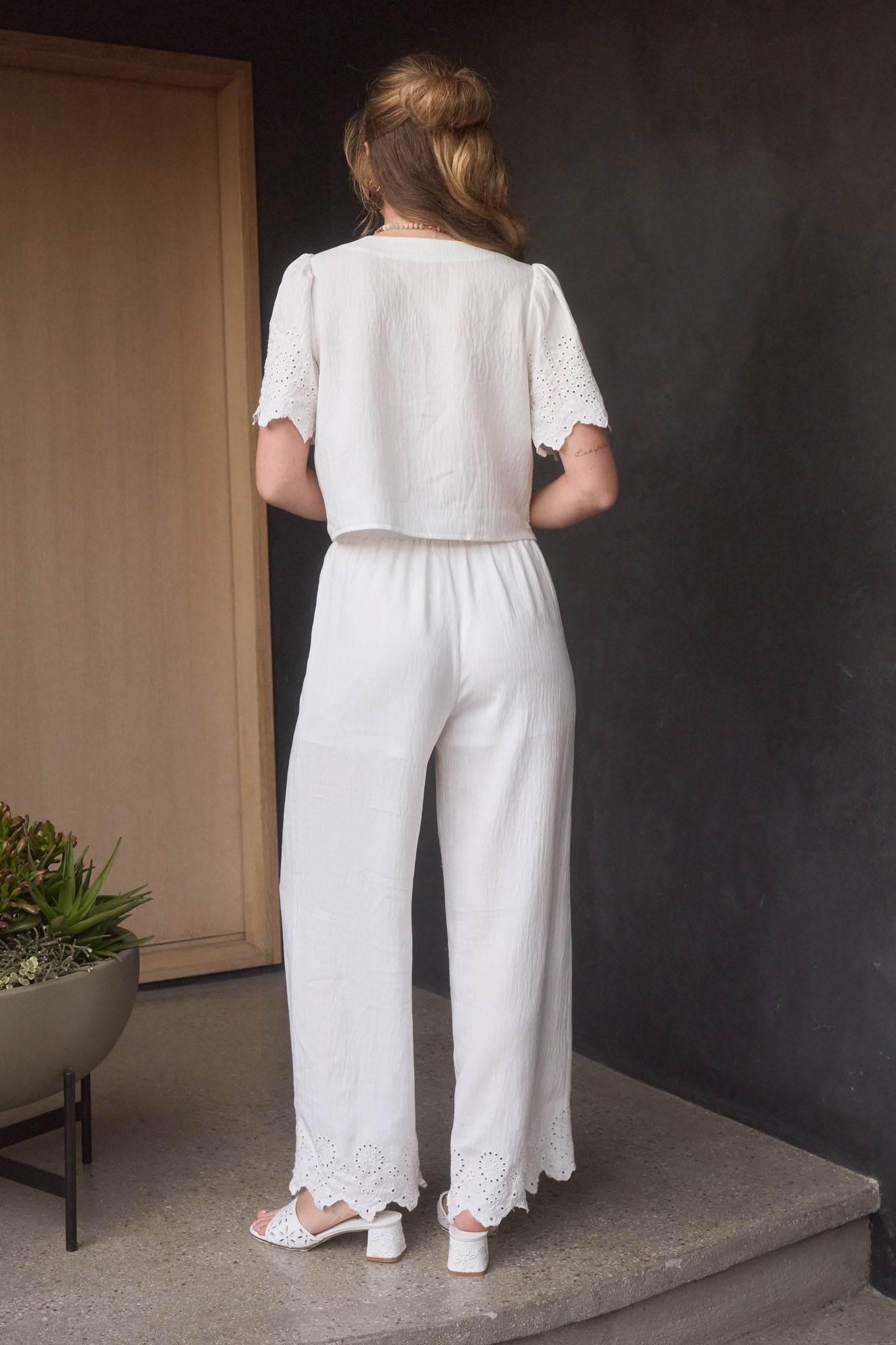 EYELET TRIM FRONT TIE BLOUSE AND WIDE LEG PANT SET